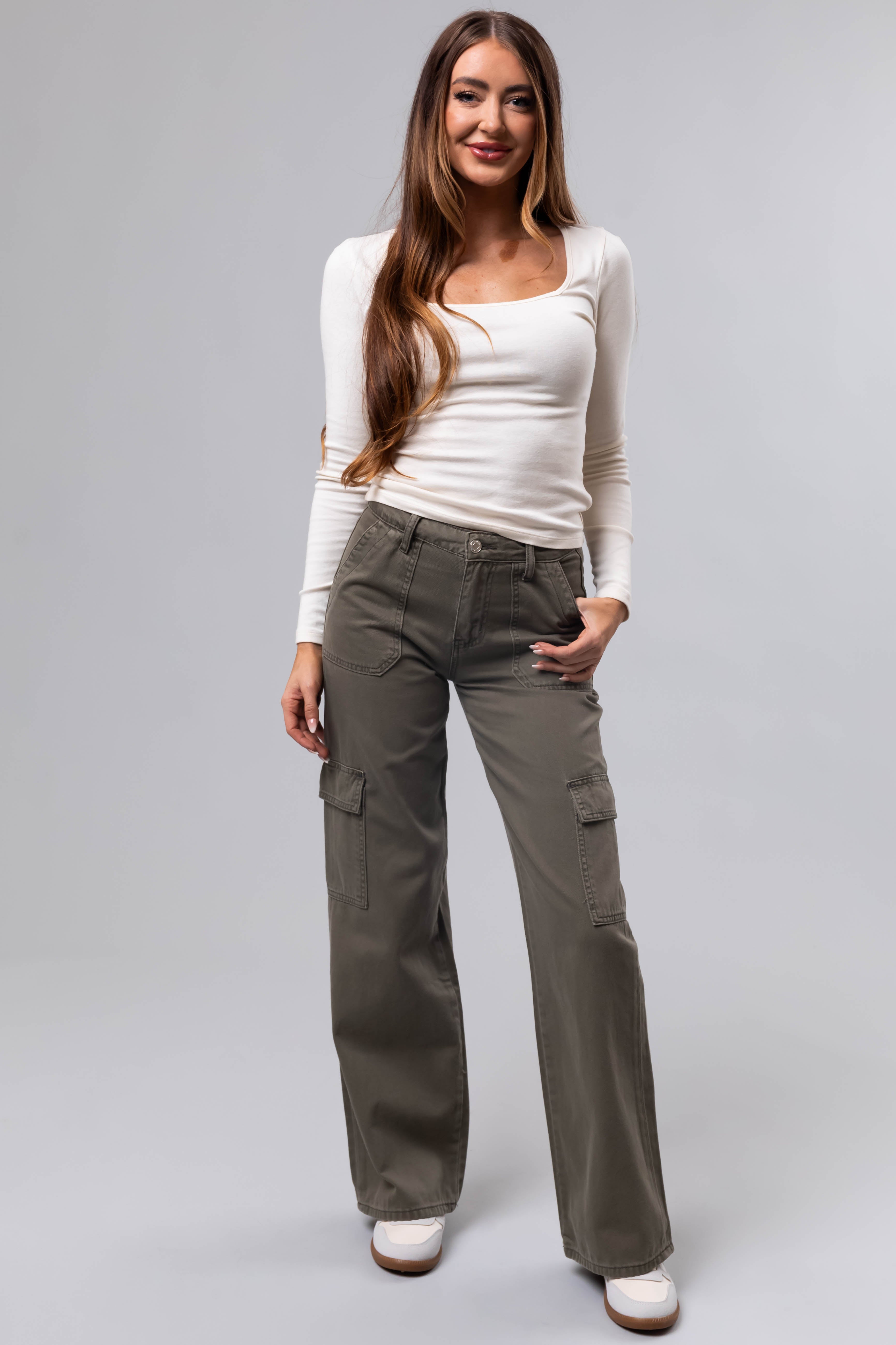 Vervet Olive High Rise Cargo Wide Leg Jeans-Newayad