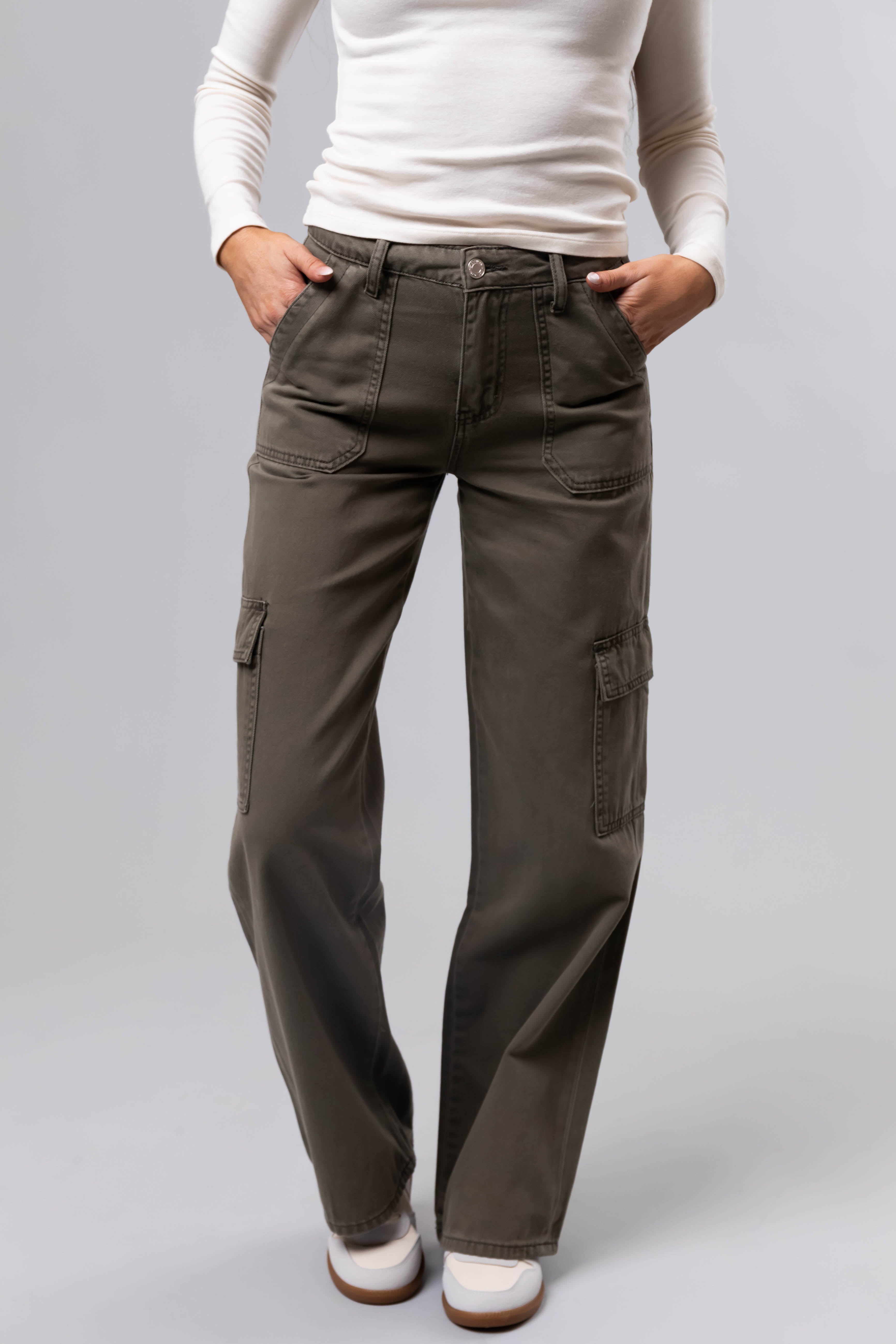 Vervet Olive High Rise Cargo Wide Leg Jeans-Newayad