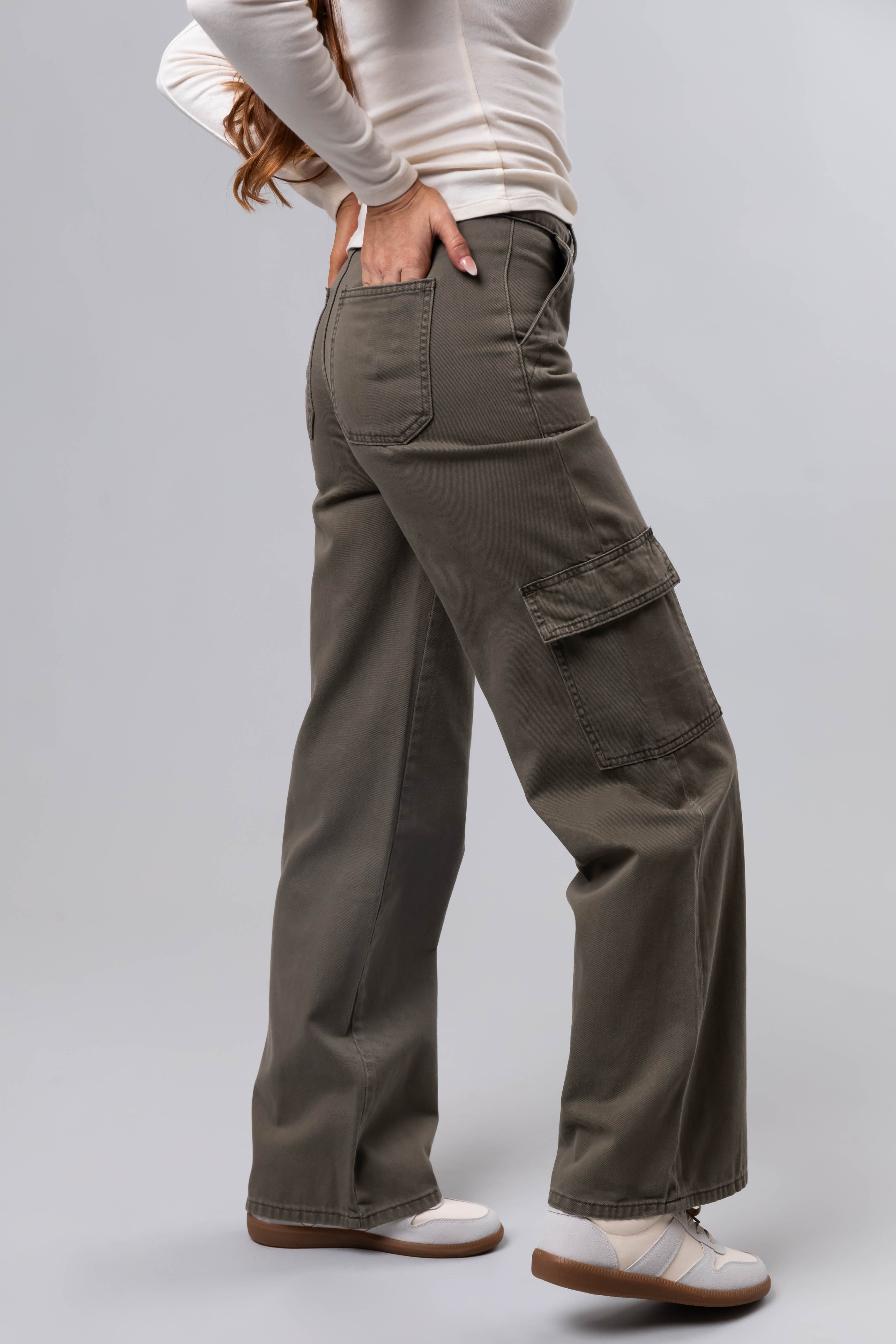 Vervet Olive High Rise Cargo Wide Leg Jeans-Newayad