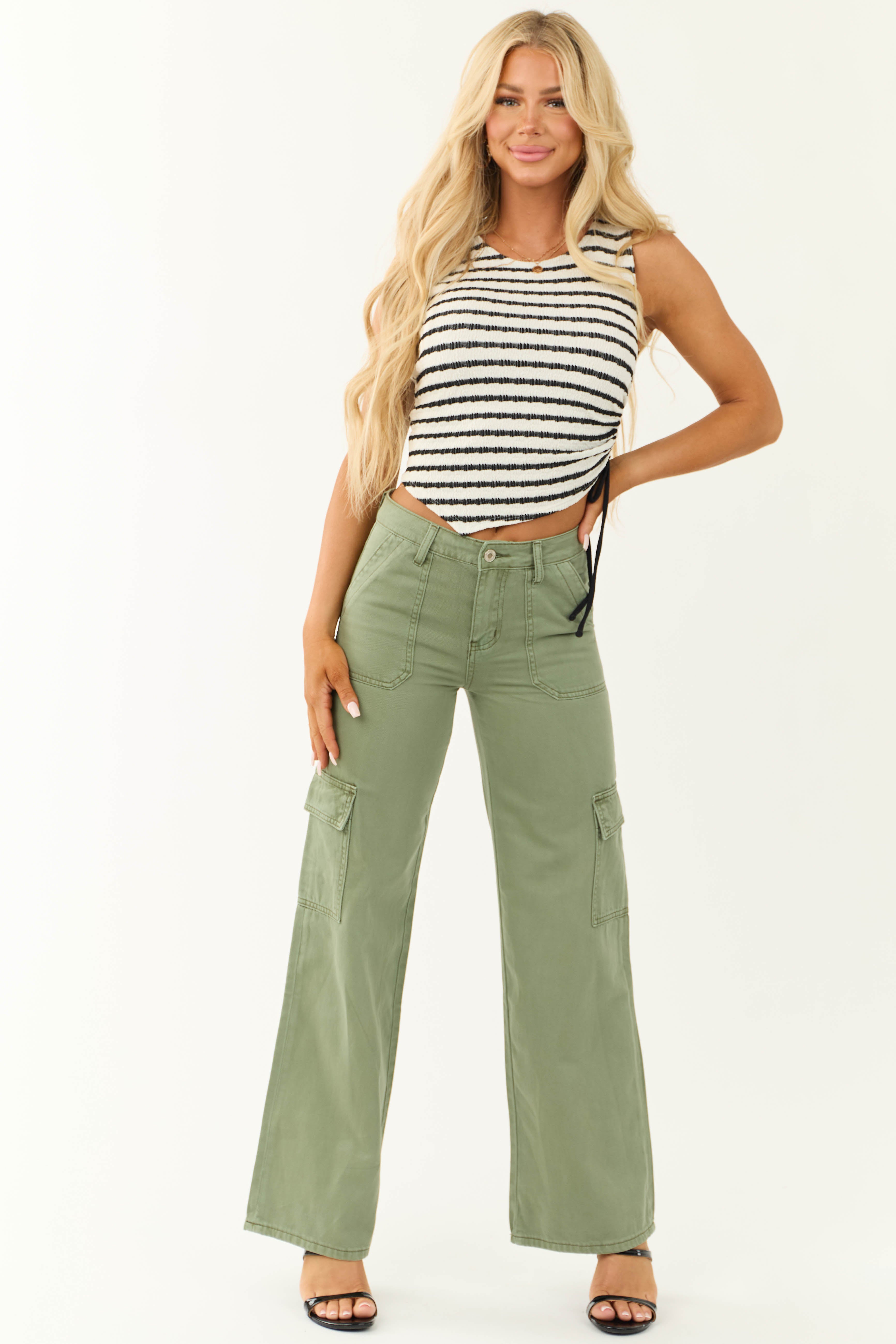 Vervet Olive High Rise Wide Leg Cargo Jeans-Newayad