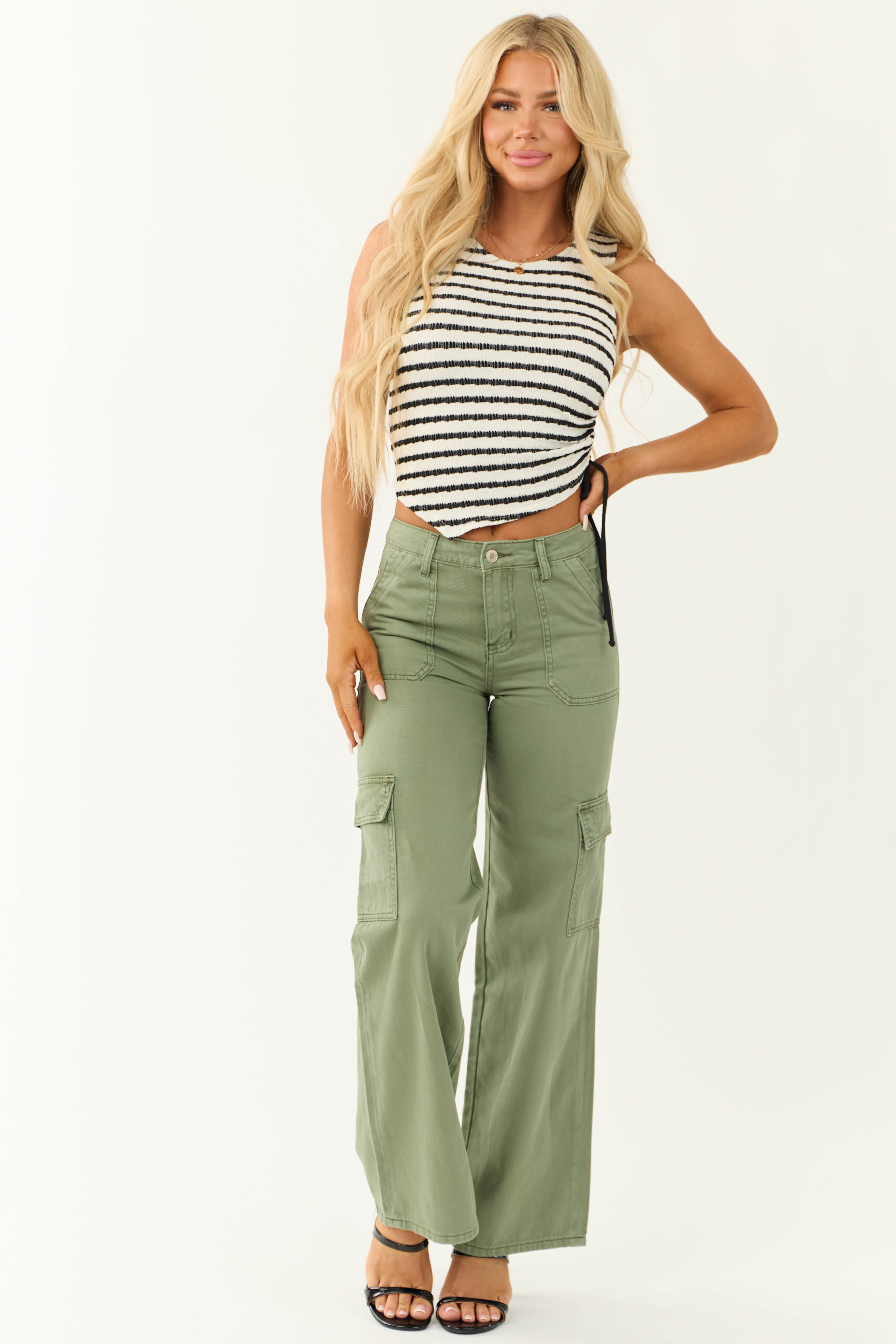 Vervet Olive High Rise Wide Leg Cargo Jeans-Newayad
