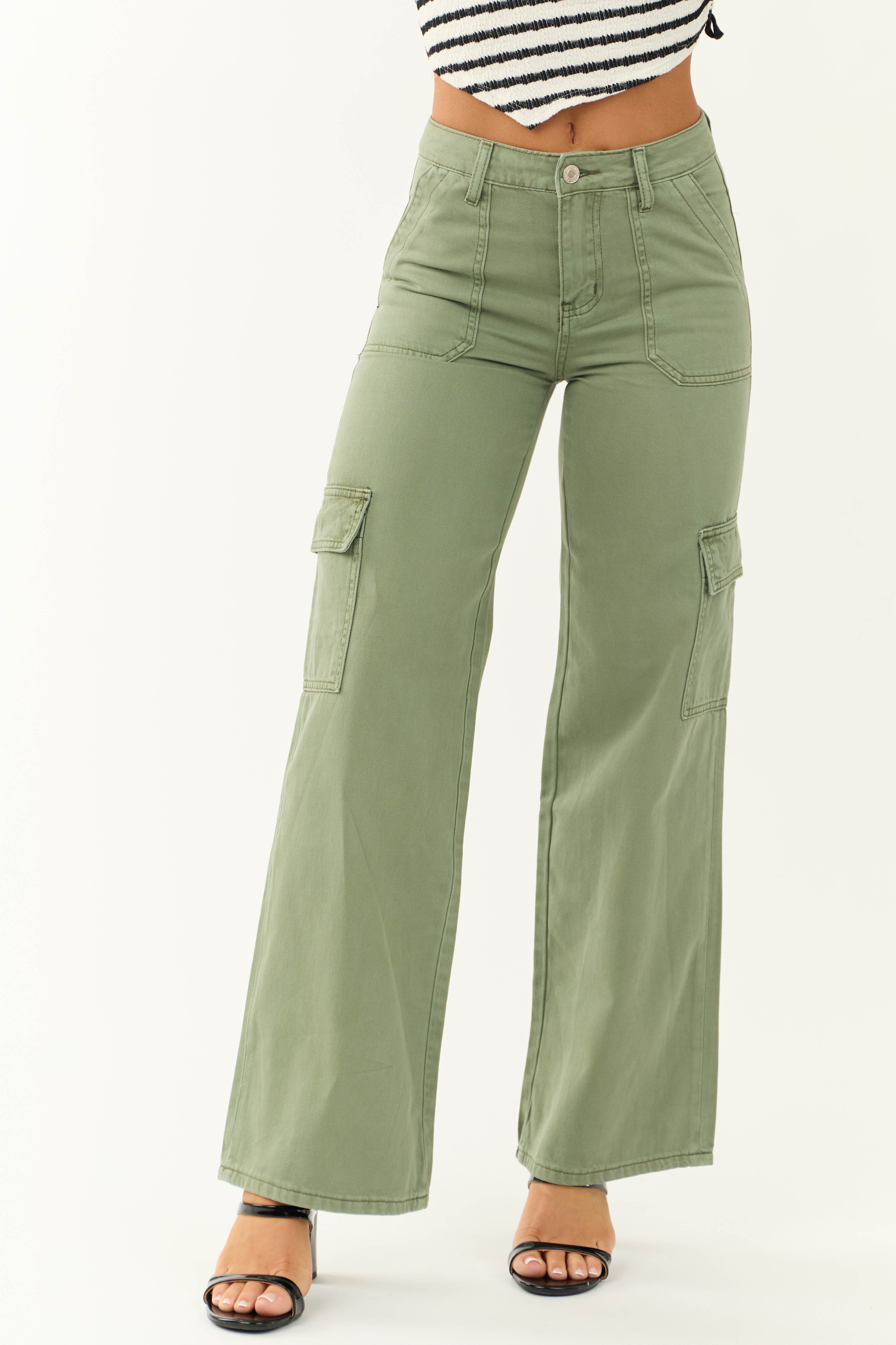 Vervet Olive High Rise Wide Leg Cargo Jeans-Newayad