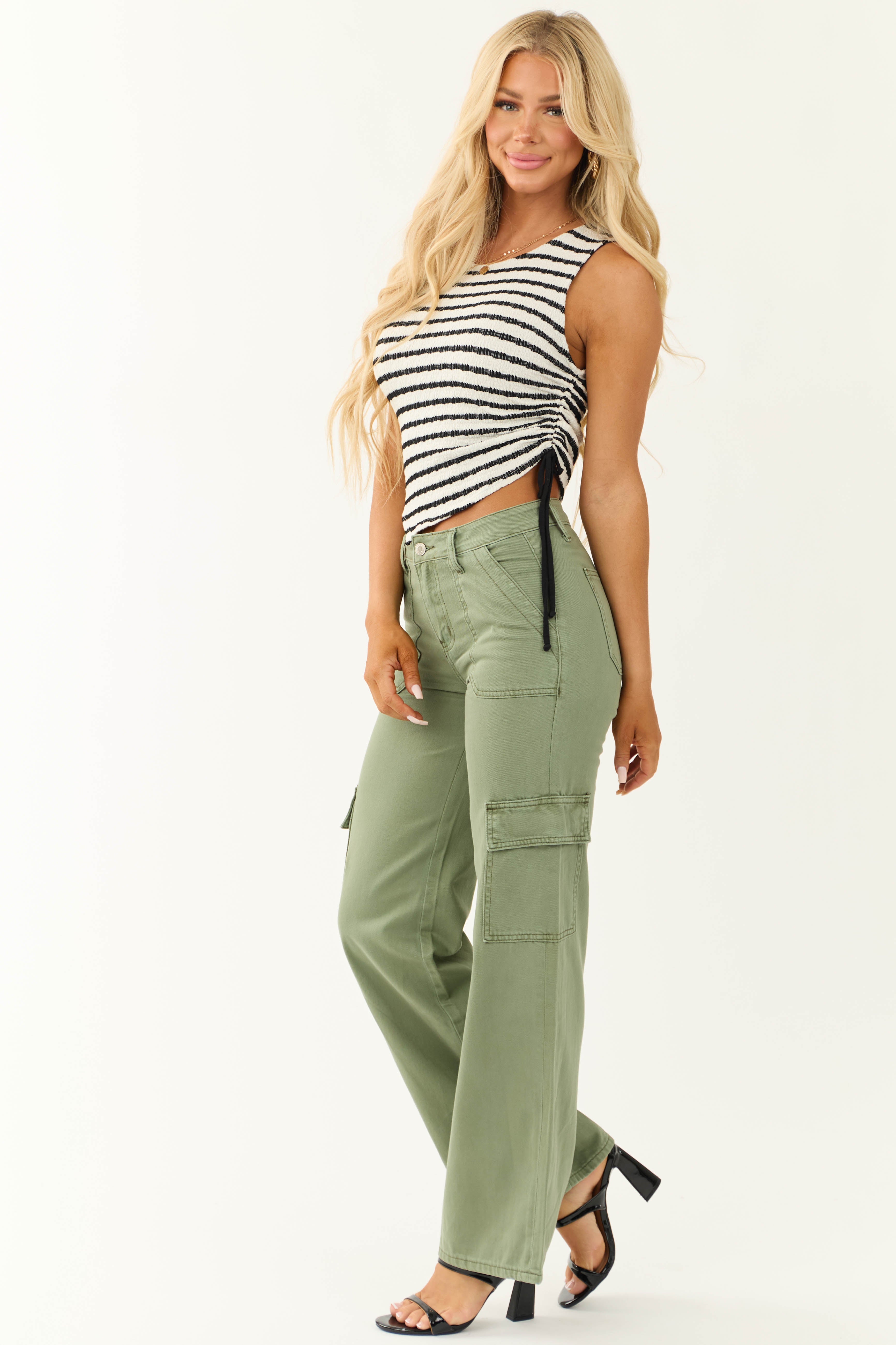 Vervet Olive High Rise Wide Leg Cargo Jeans-Newayad