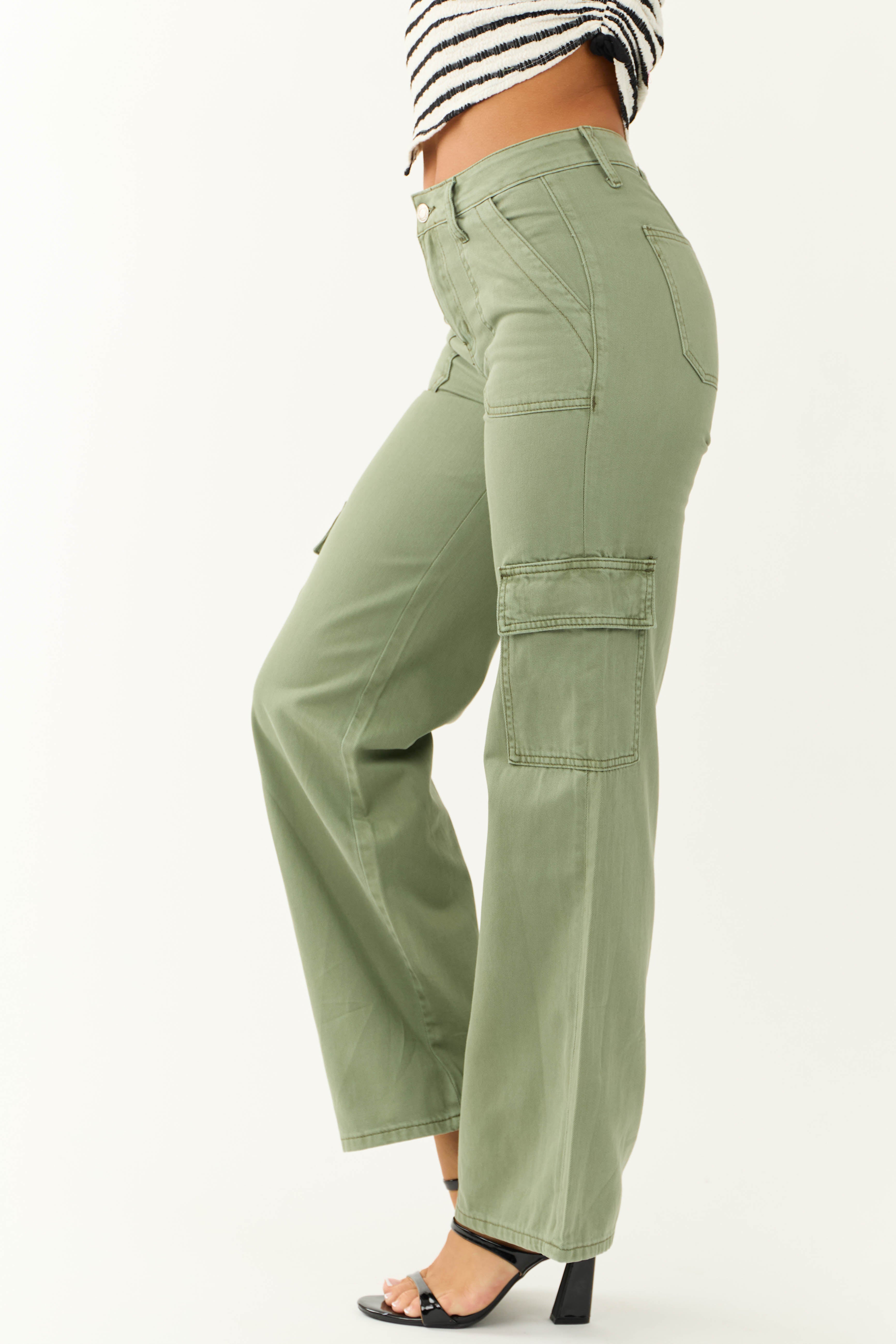 Vervet Olive High Rise Wide Leg Cargo Jeans-Newayad