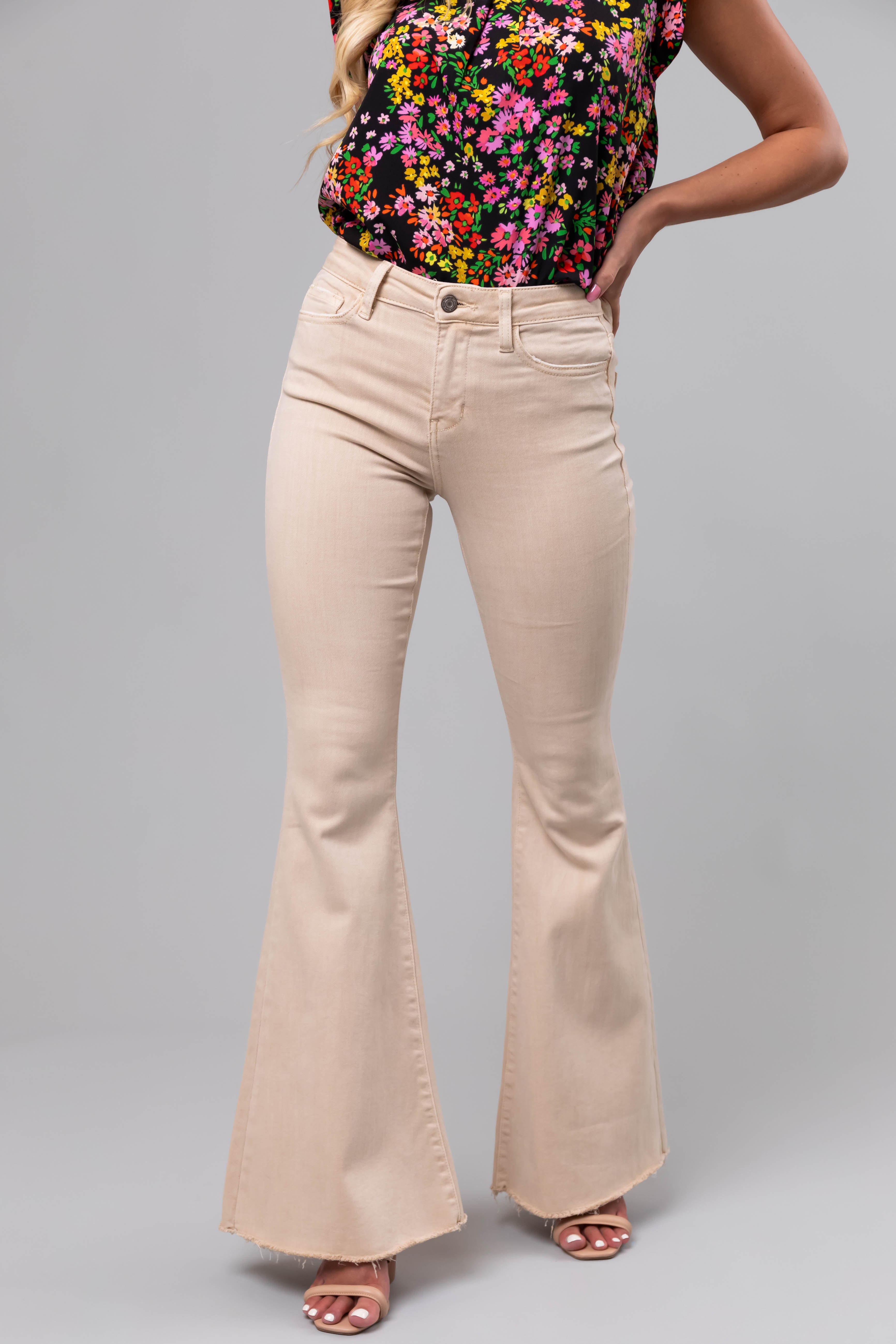 Vervet Sand High Rise Frayed Super Flare Jeans-Newayad