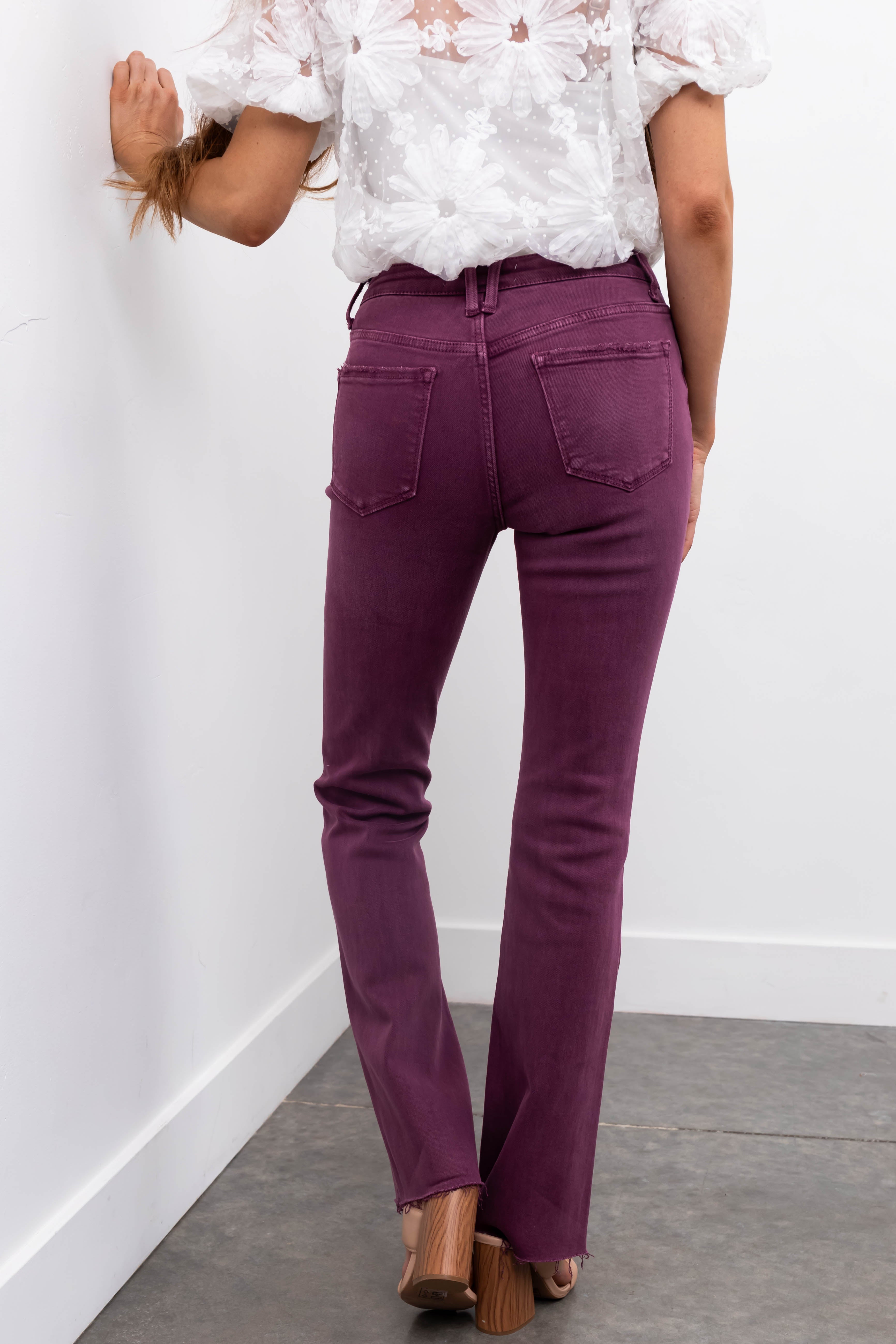Vervet Washed Berry Mid Rise Raw Bootcut Jeans-Newayad