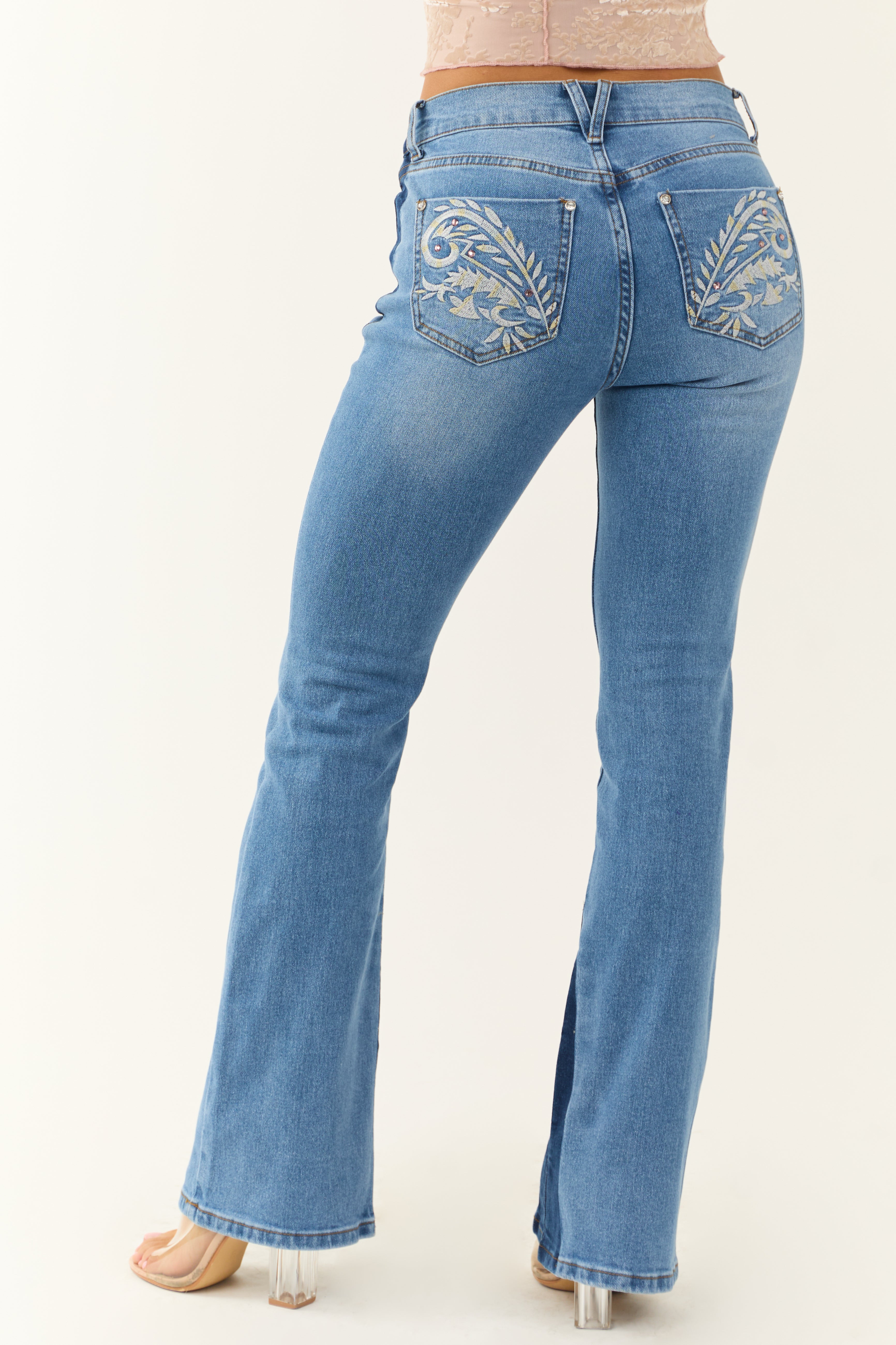 Medium Wash Embroidered Western Bootcut Jeans-Newayad