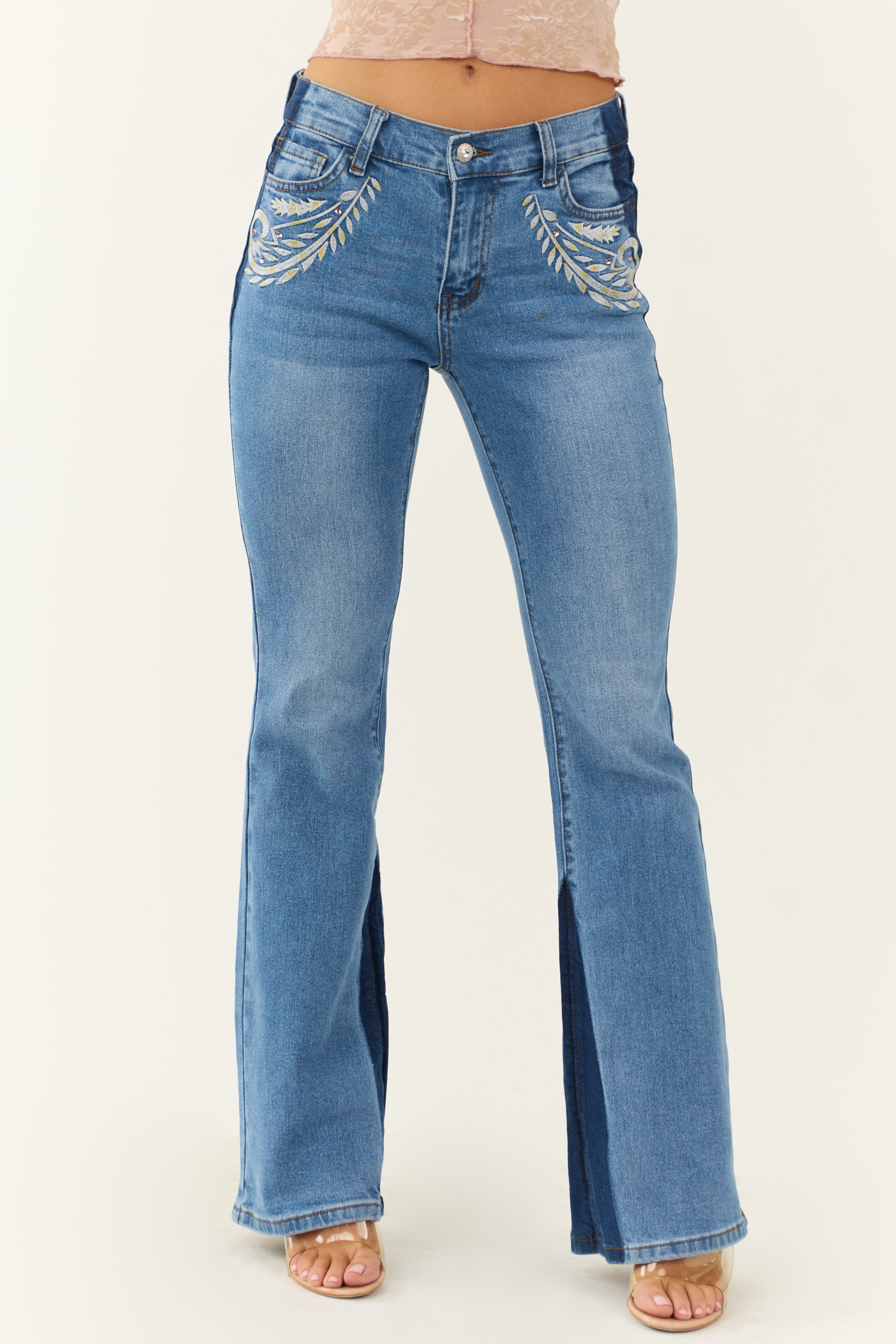 Medium Wash Embroidered Western Bootcut Jeans-Newayad
