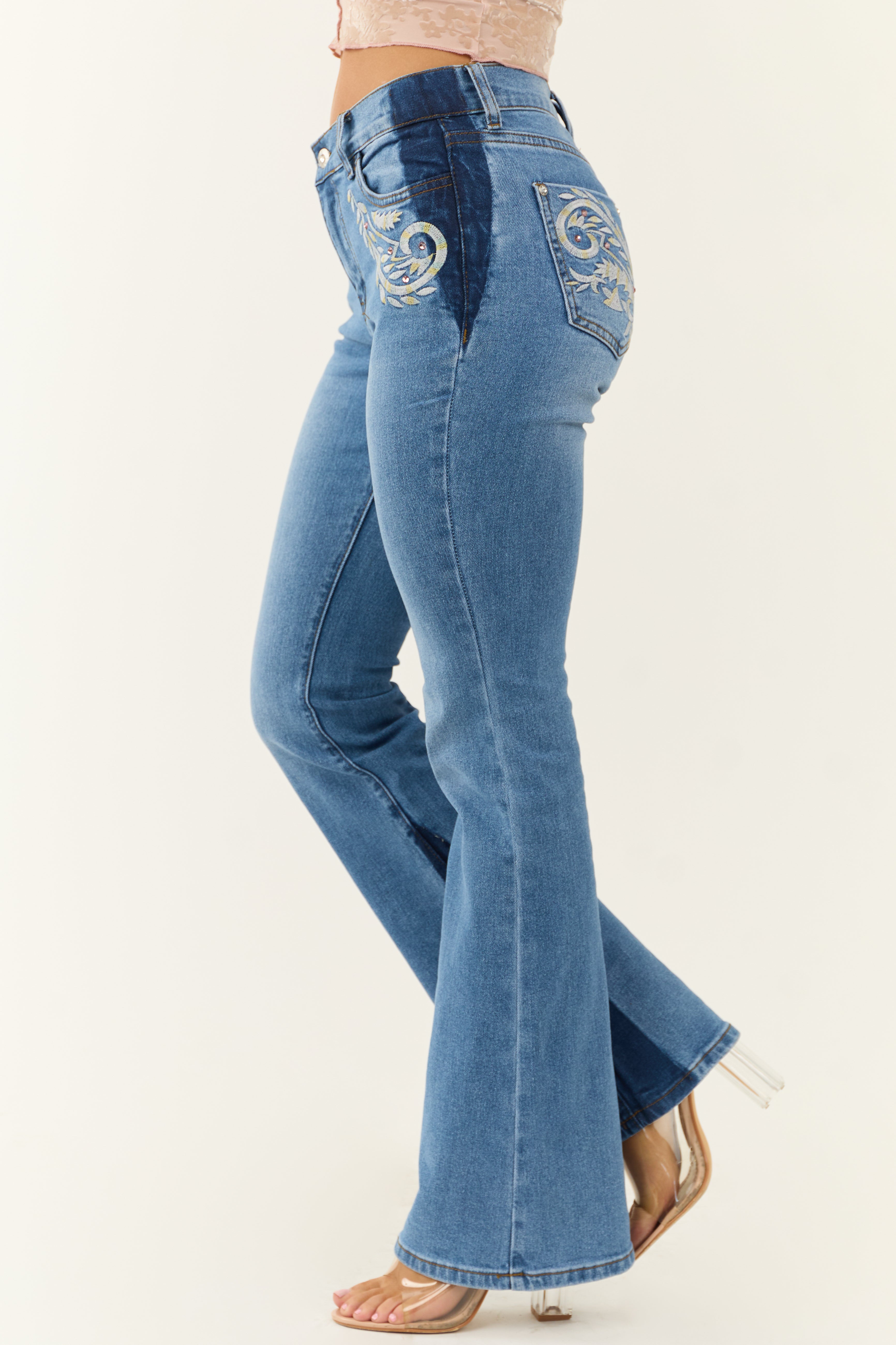 Medium Wash Embroidered Western Bootcut Jeans-Newayad