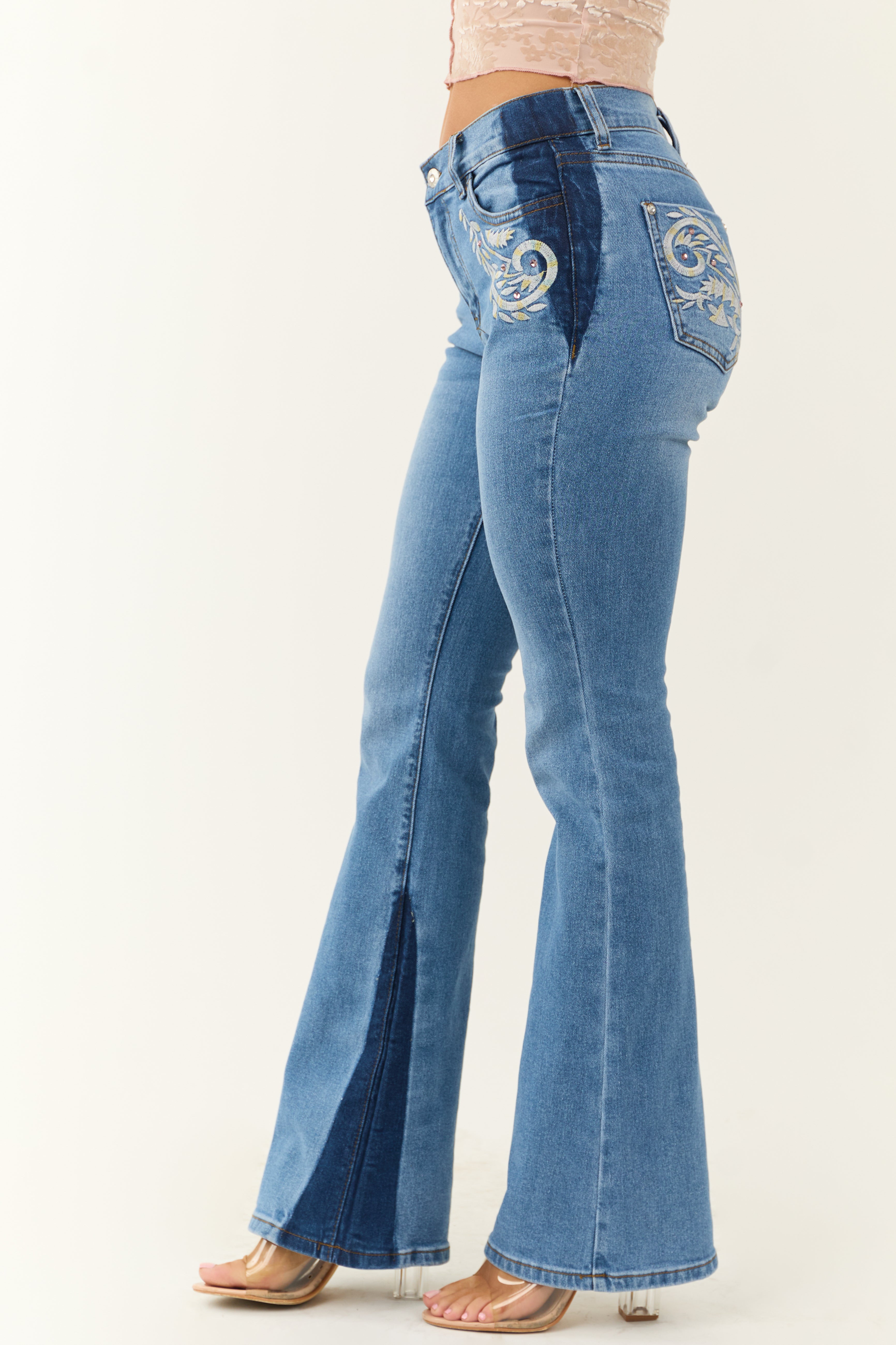 Medium Wash Embroidered Western Bootcut Jeans-Newayad