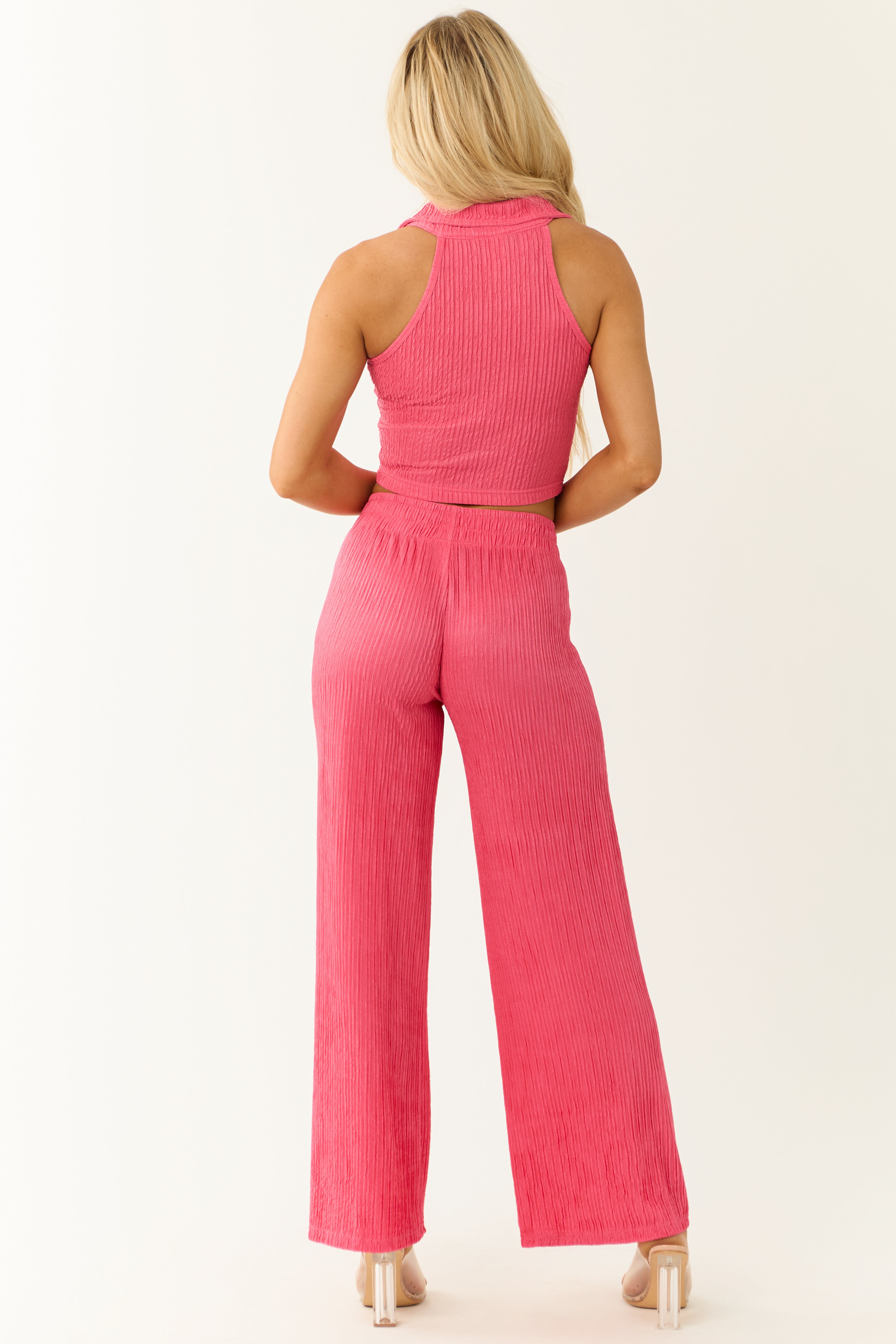 Watermelon Plisse Collared Top and Pants Set-Newayad