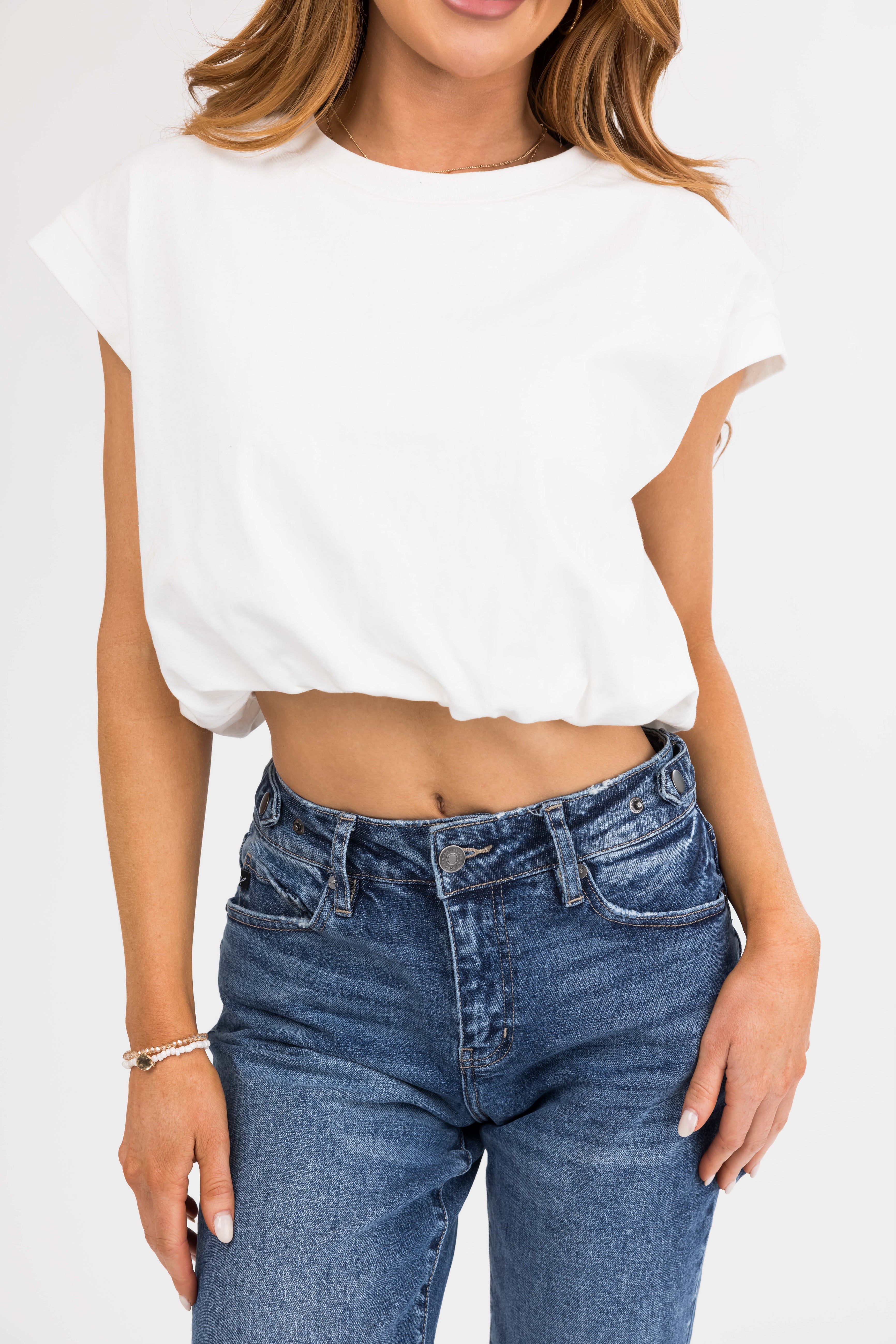 White Bubble Hem Short Sleeve Crop Top-Newayad