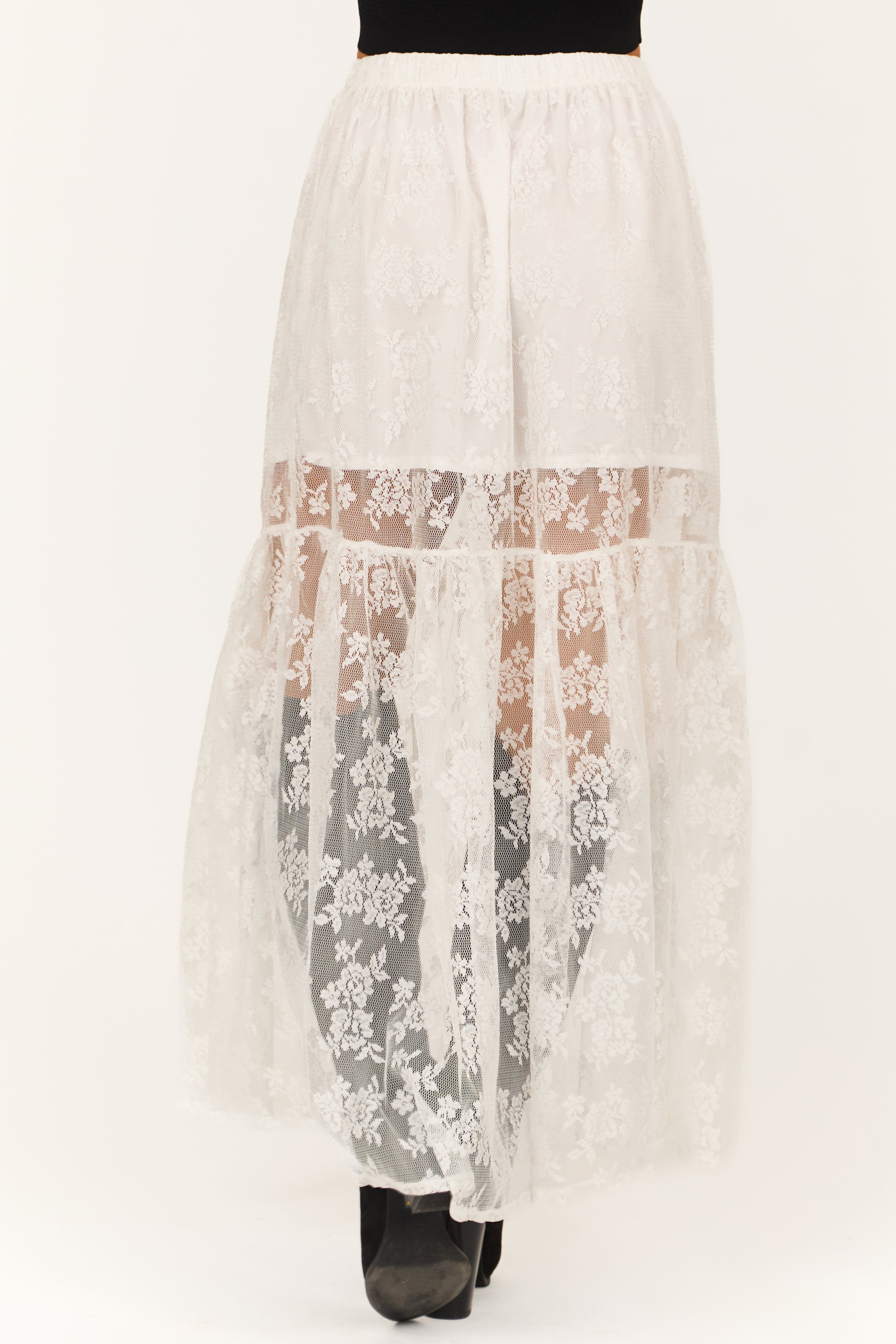 White High Waist Sheer Lace Maxi Skirt-Newayad