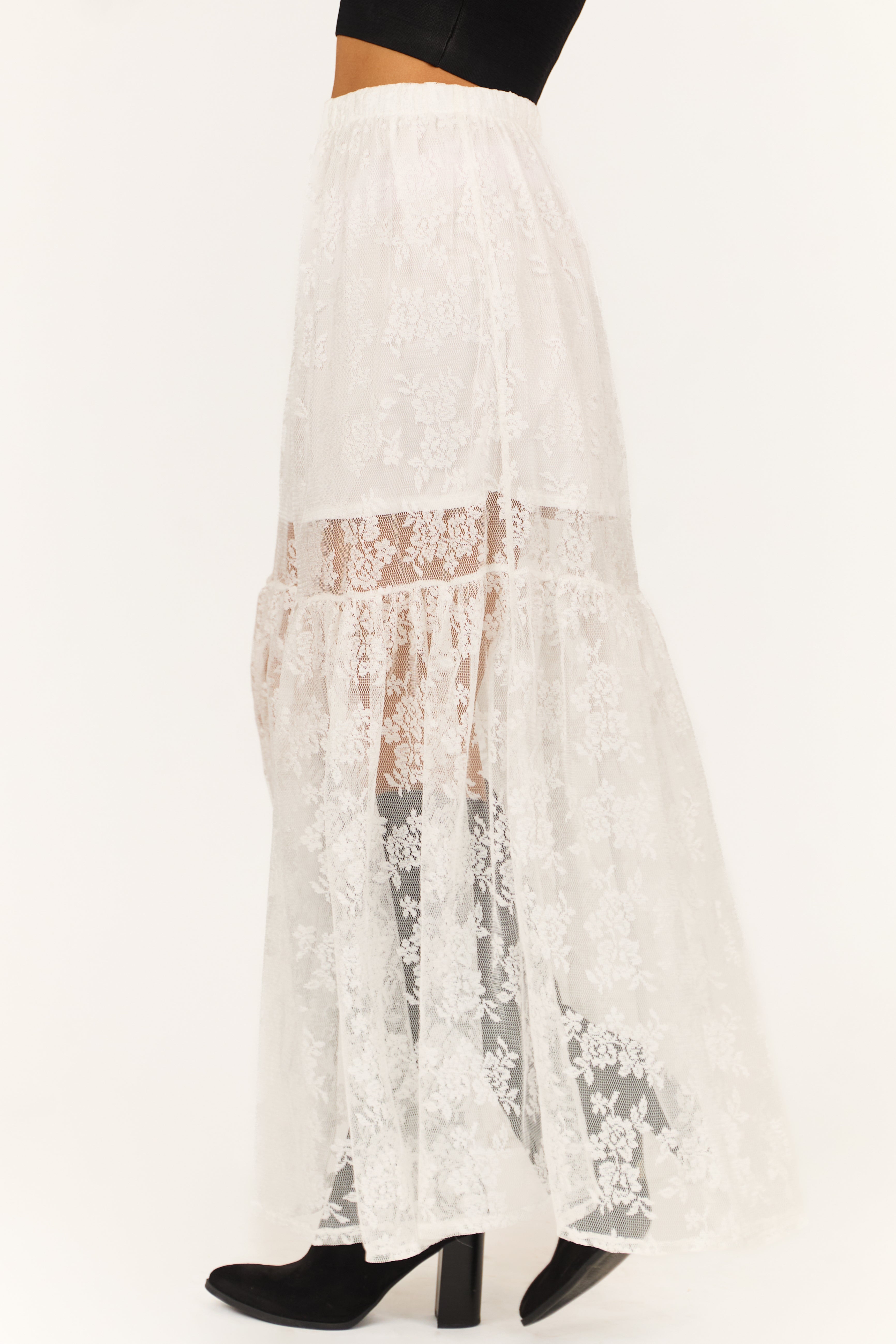 White High Waist Sheer Lace Maxi Skirt-Newayad
