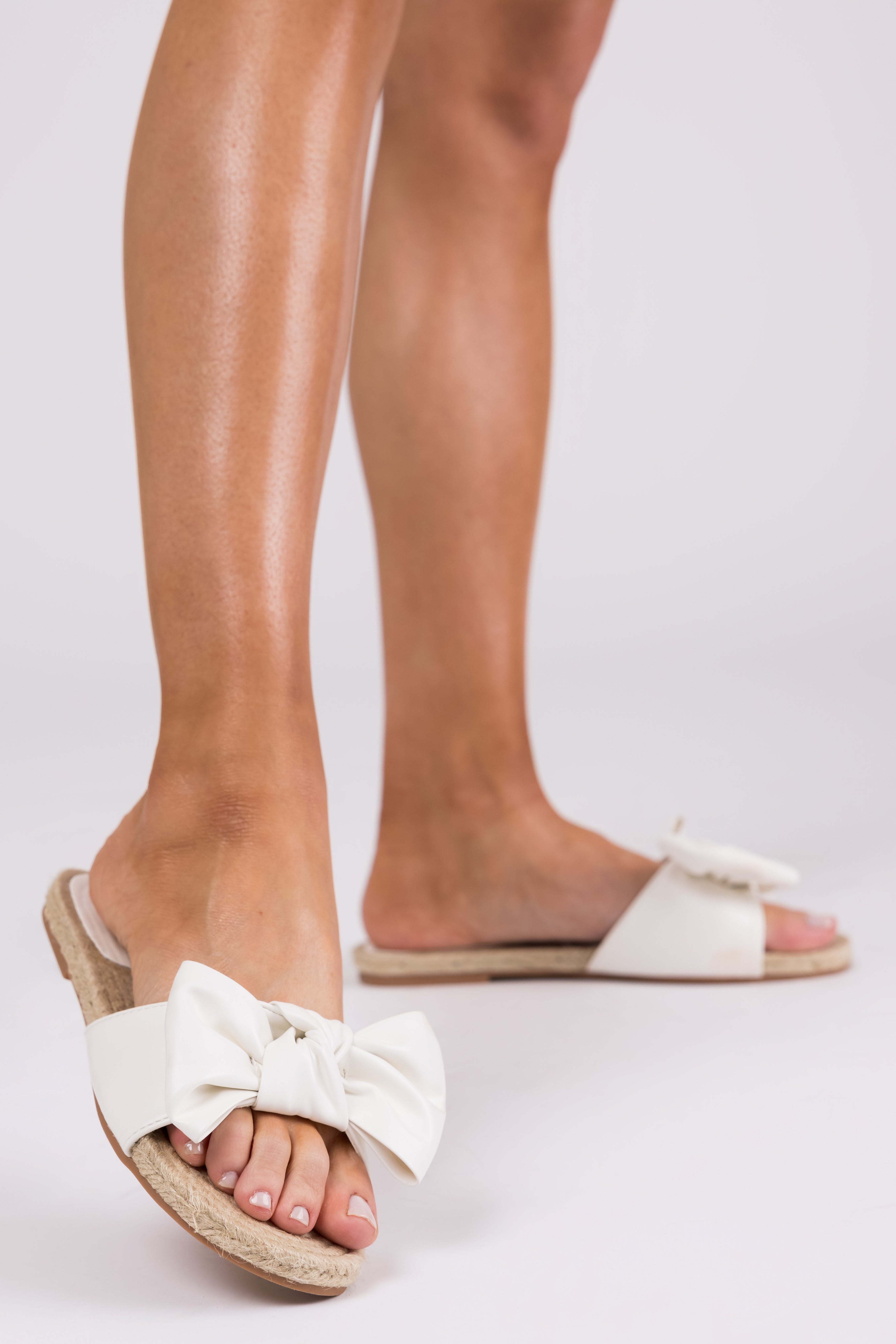 White Bow Strap Flat Espadrille Sandals-Newayad