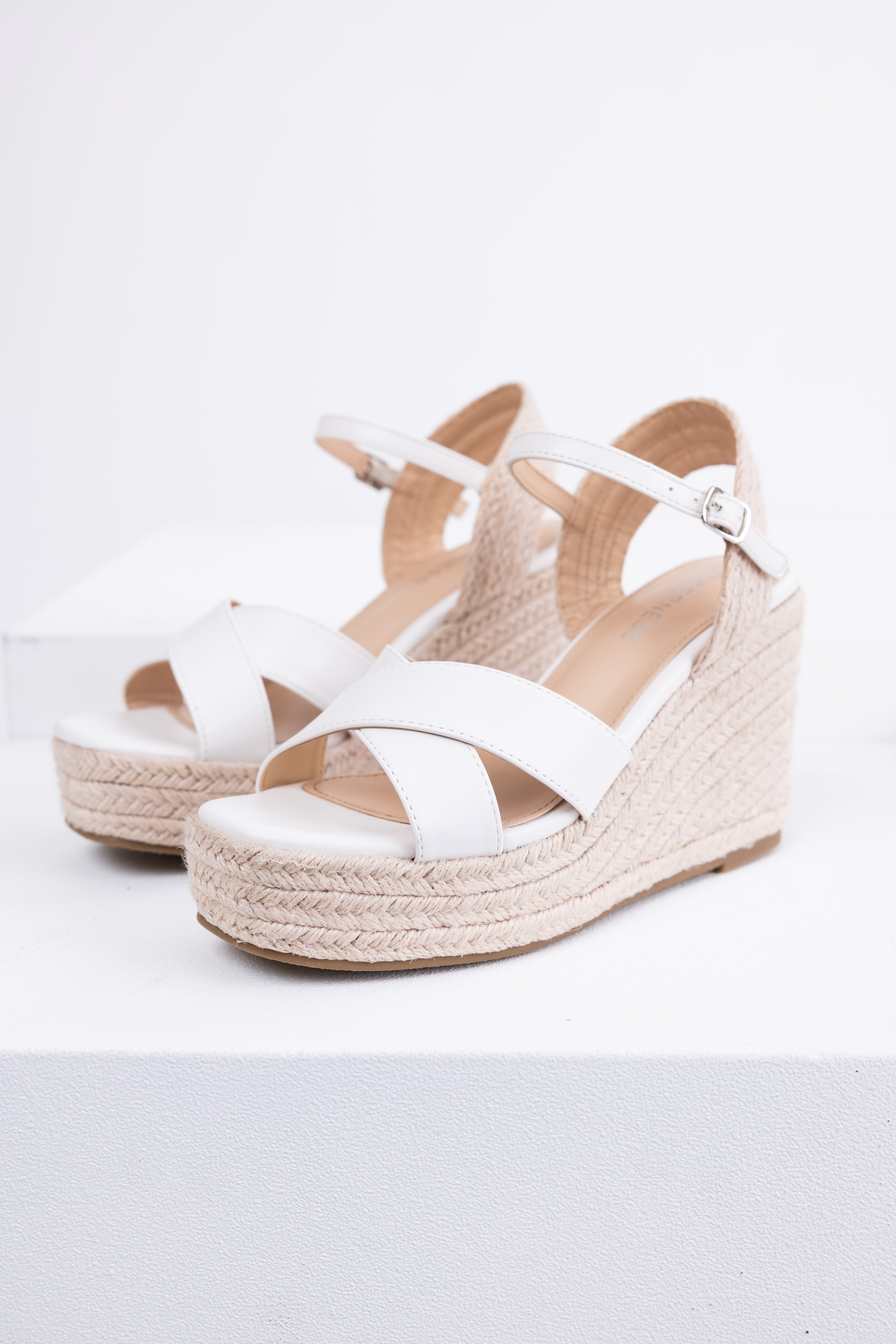 White Cross Strap Espadrille Wedge Heels-Newayad