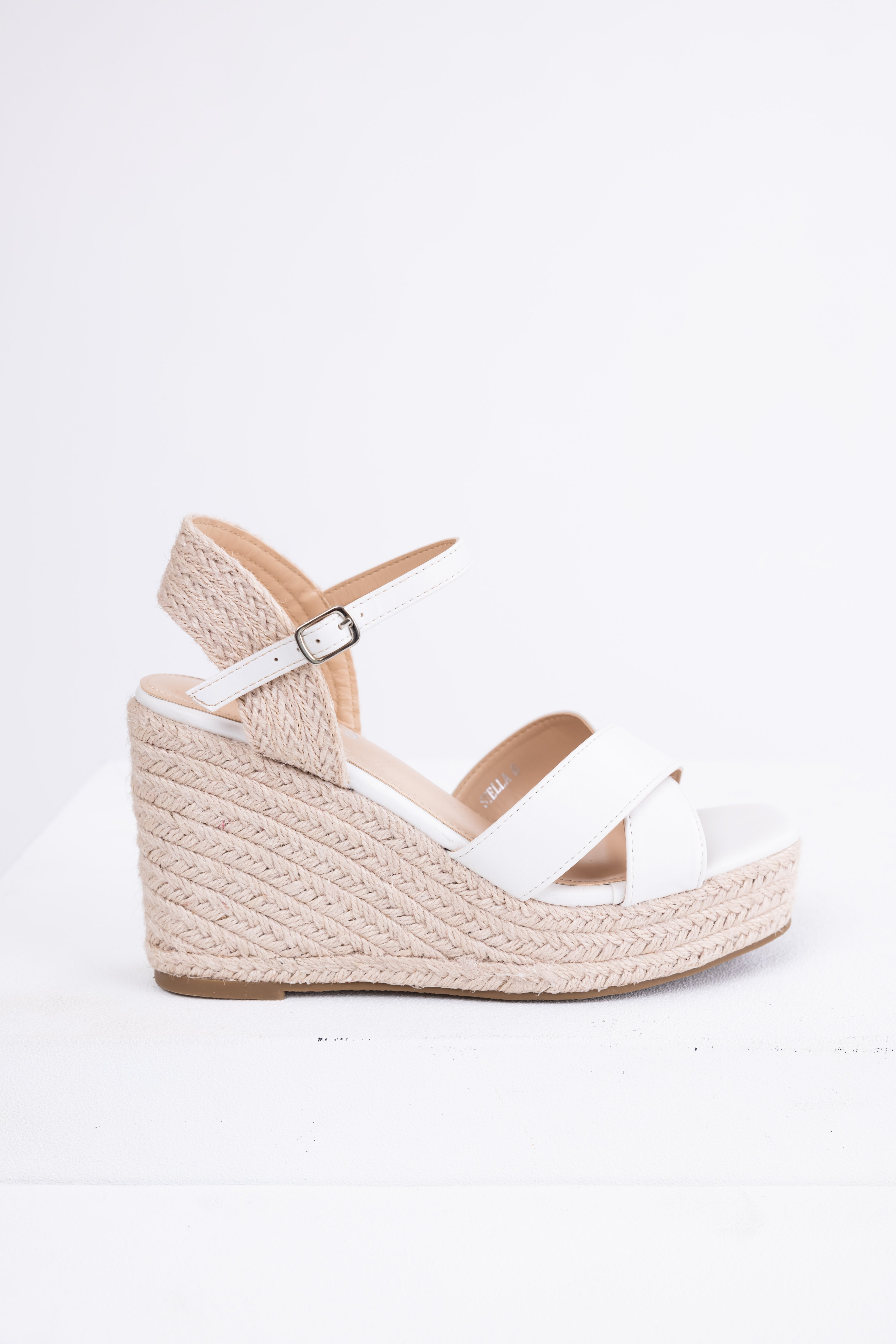 White Cross Strap Espadrille Wedge Heels-Newayad
