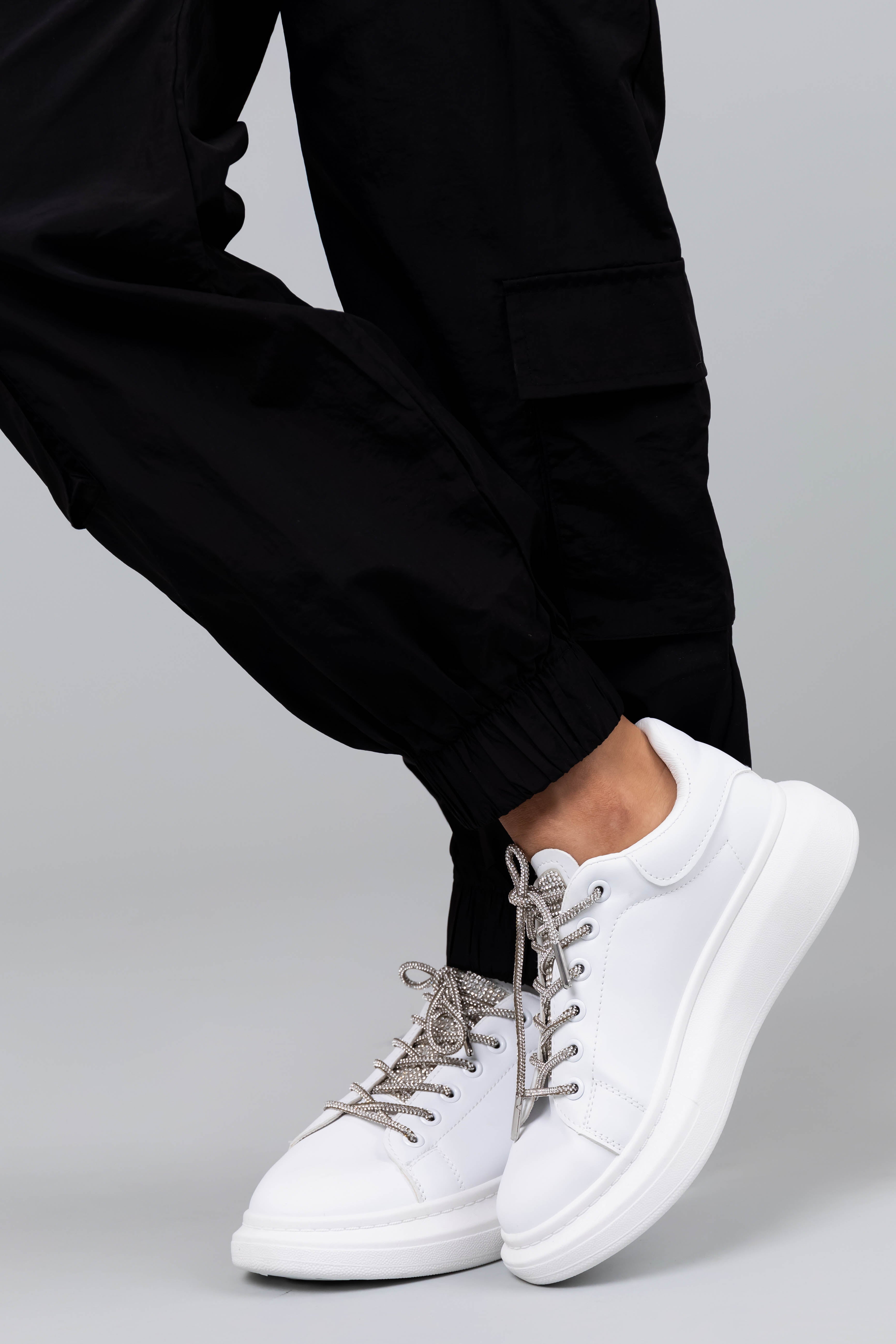 White Rhinestone Accented Tennis Shoes-Newayad