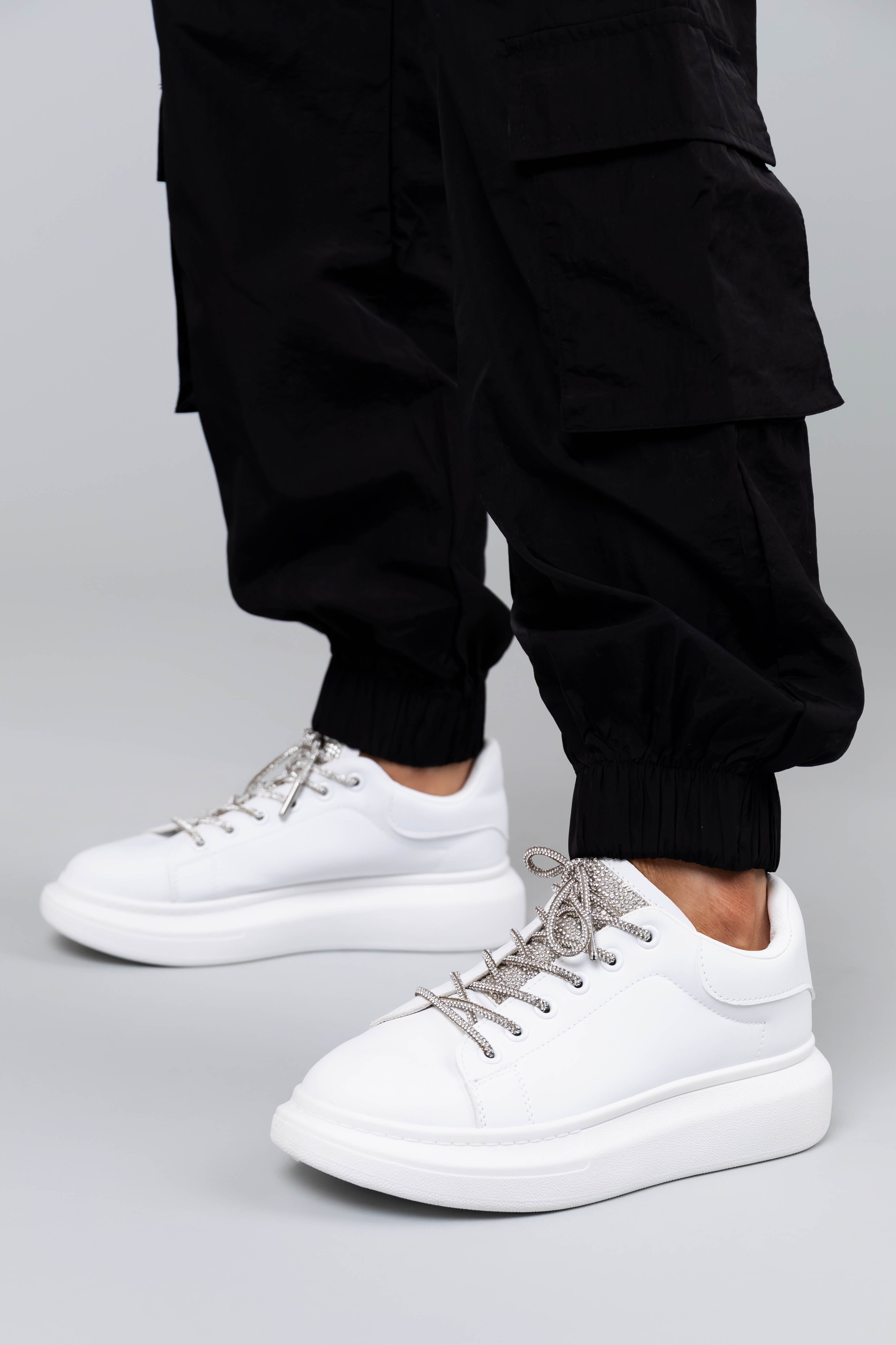 White Rhinestone Accented Tennis Shoes-Newayad