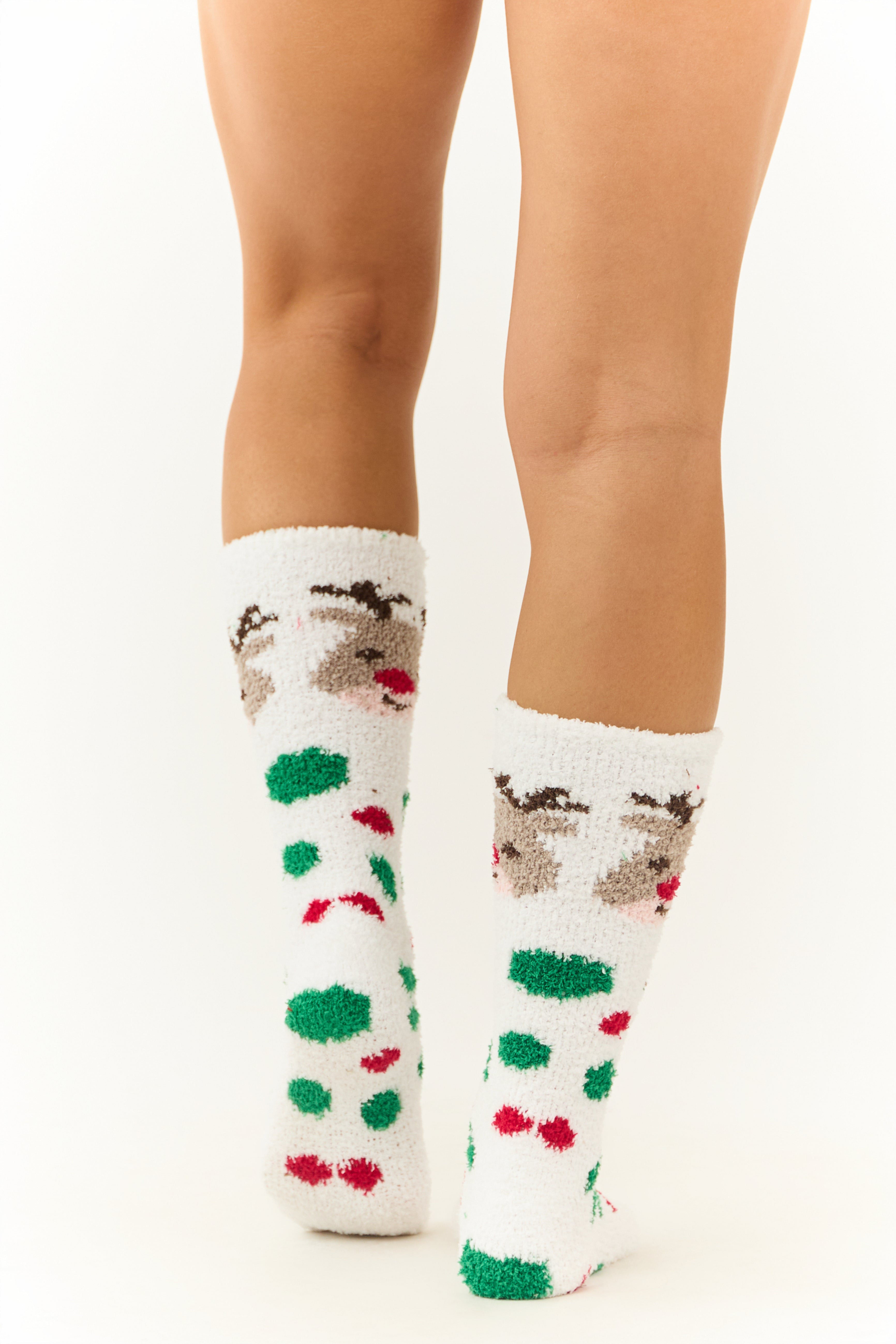 White Rudolph Polka Dot Print Fleece Fuzzy Socks-Newayad