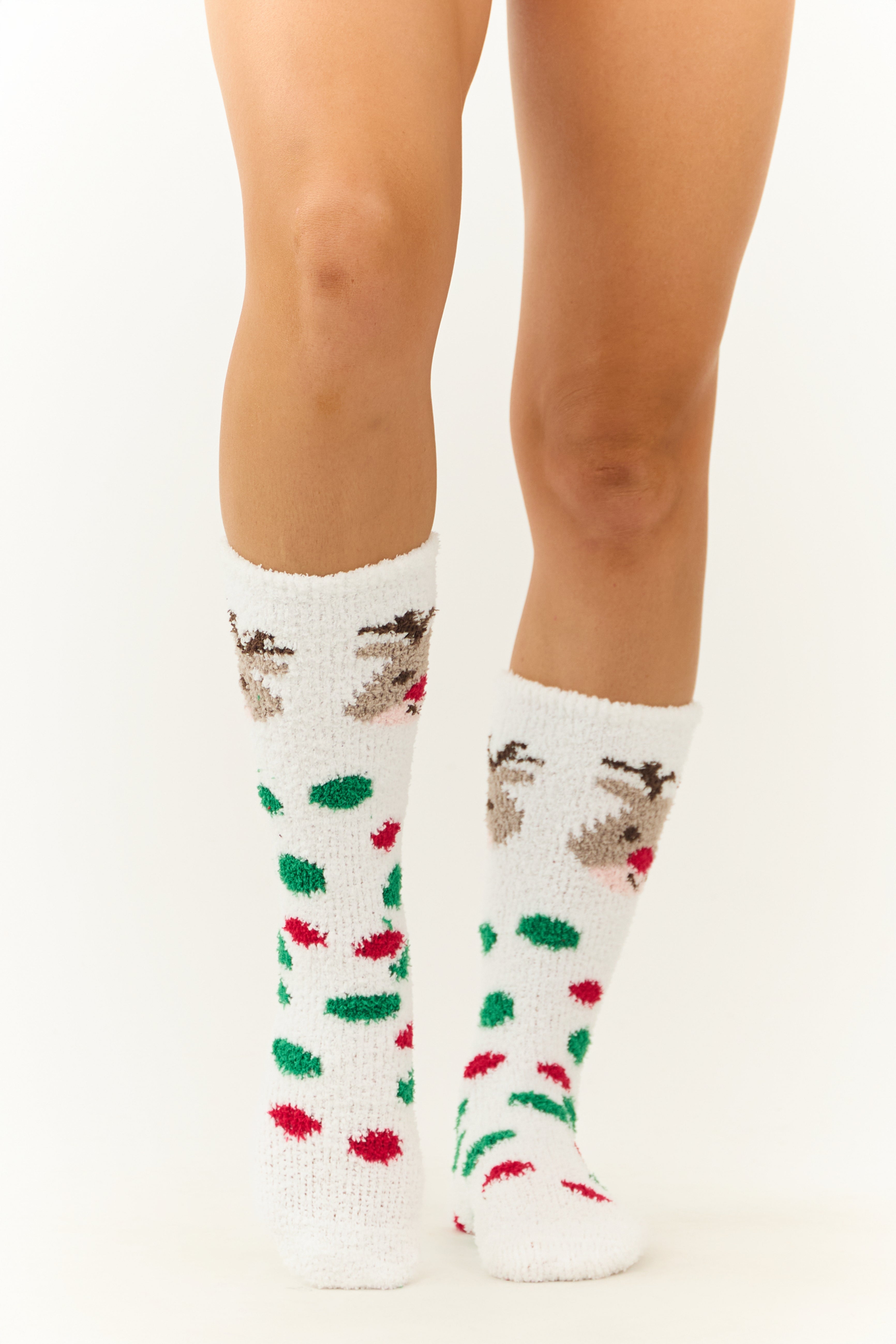 White Rudolph Polka Dot Print Fleece Fuzzy Socks-Newayad