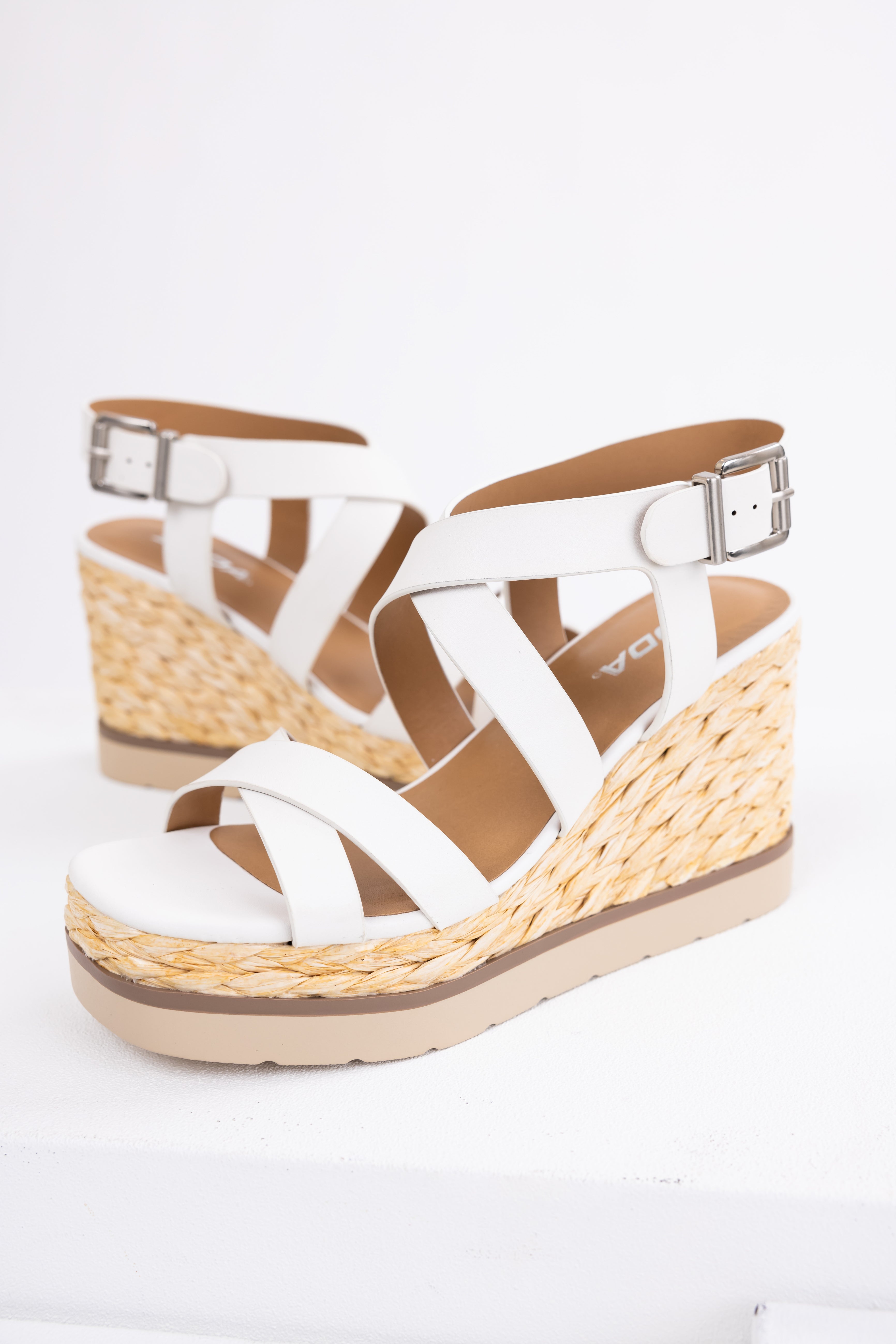 White Strappy Jute Braided Platform Wedges-Newayad