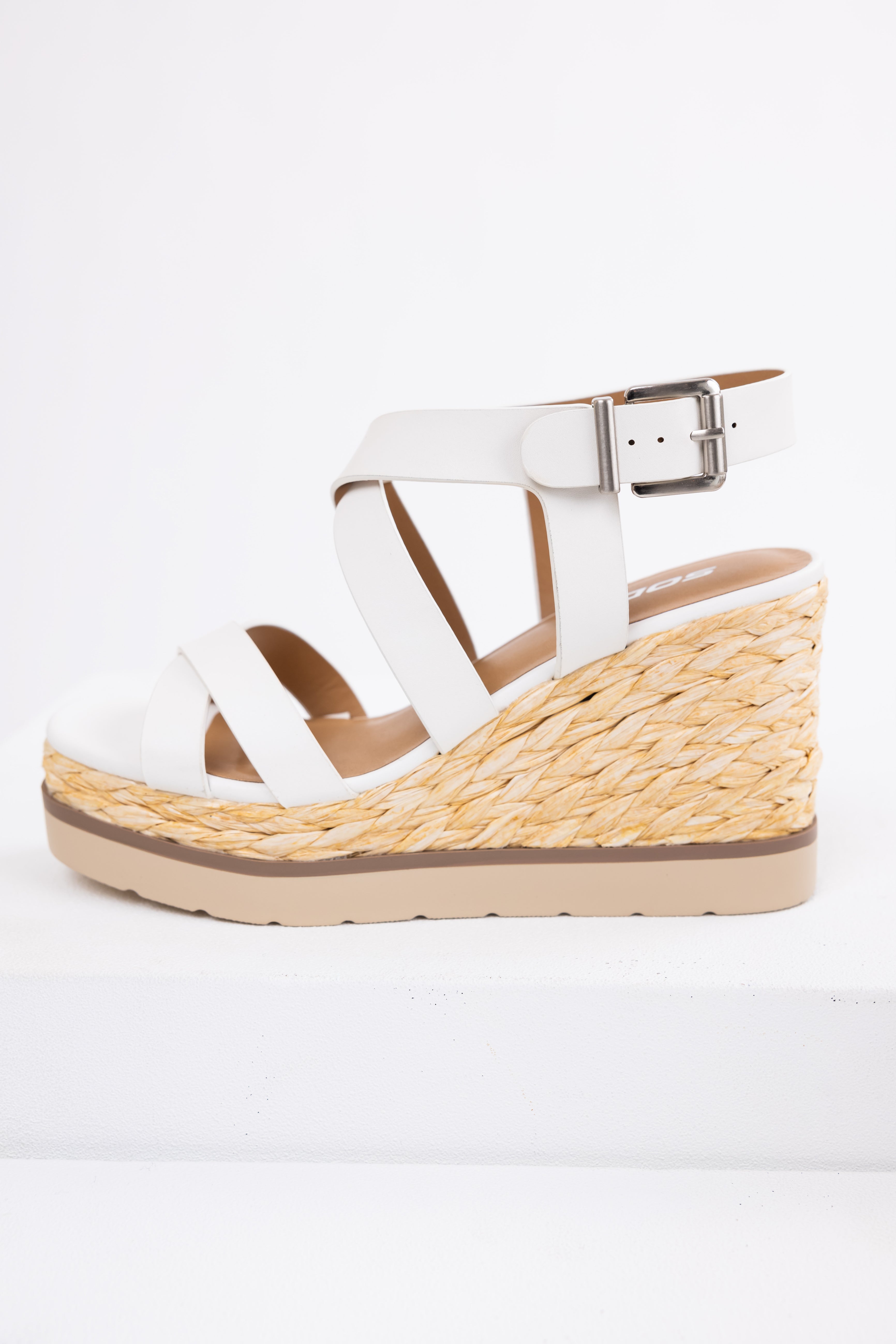 White Strappy Jute Braided Platform Wedges-Newayad