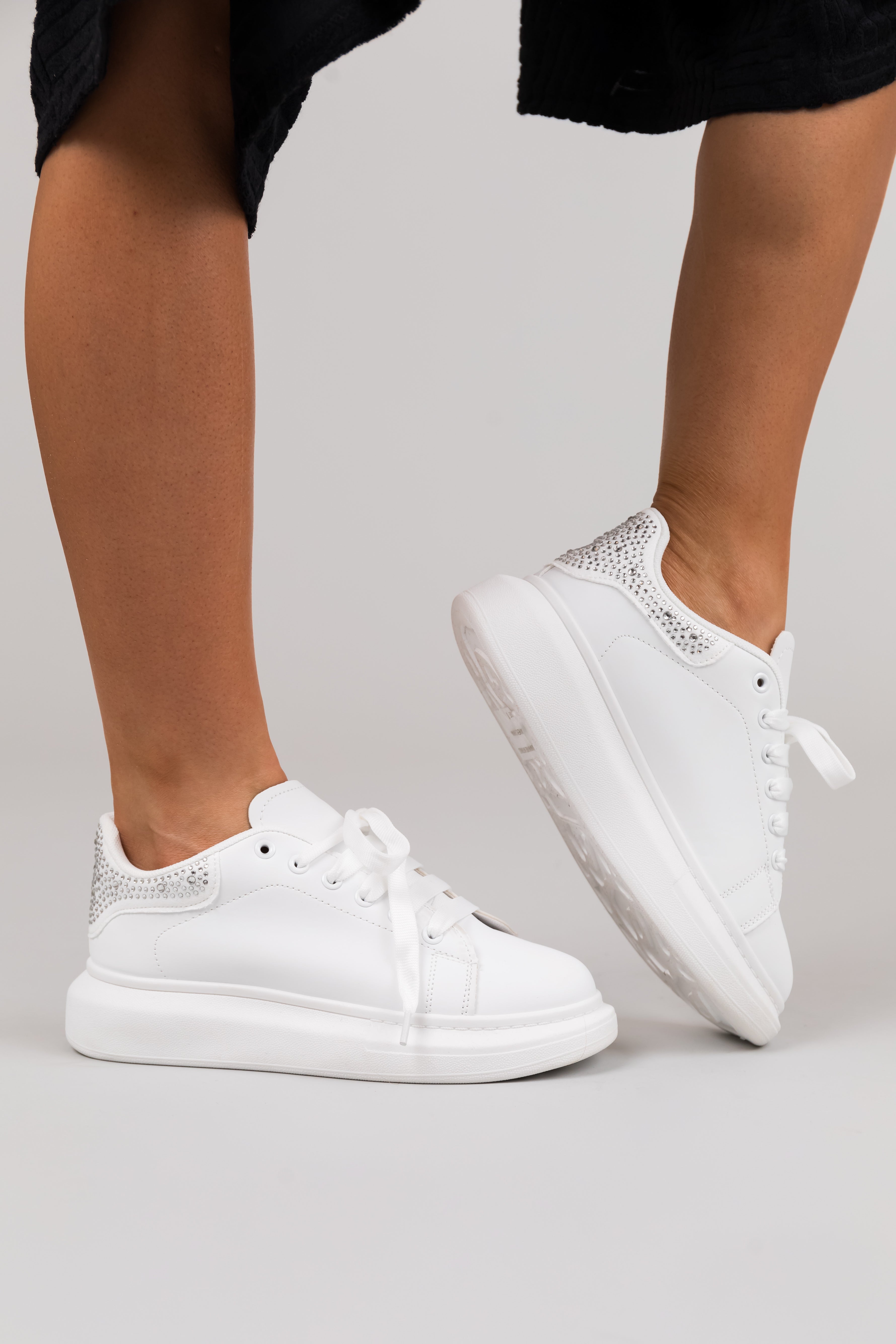 White and Silver Chunky Lace Up Tennis Shoes-Newayad