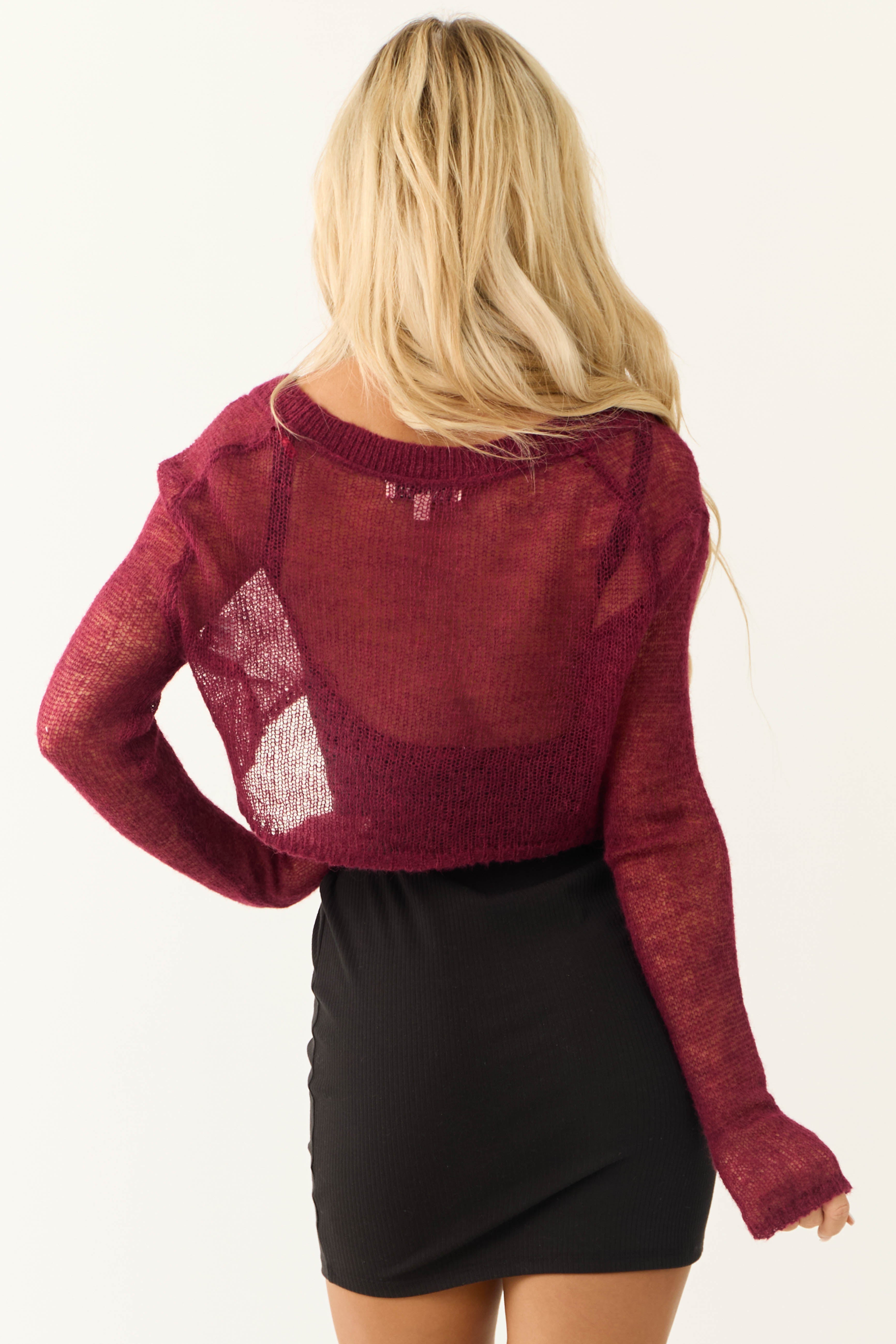 Wine Open Knit Cropped Cardigan-Newayad