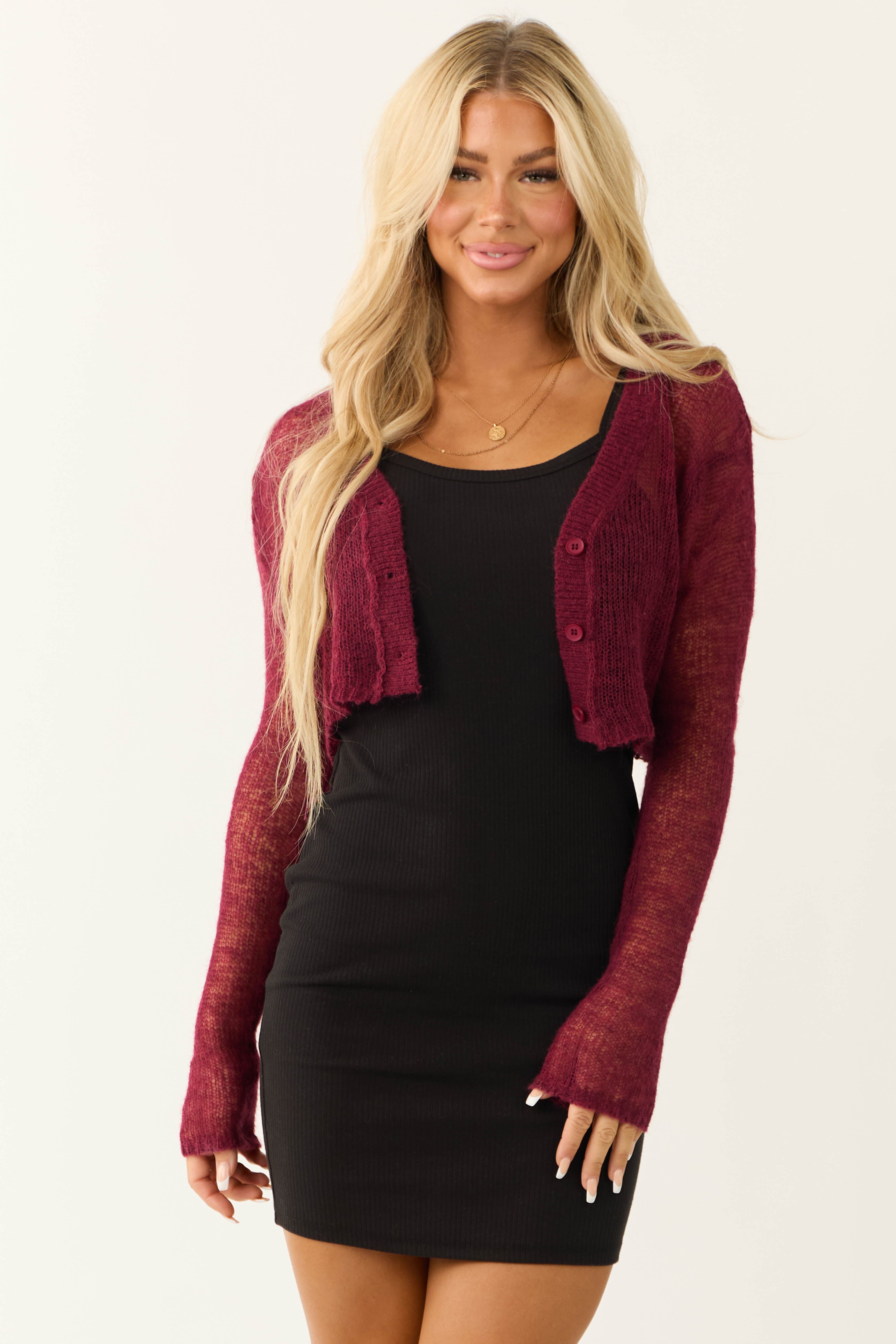 Wine Open Knit Cropped Cardigan-Newayad