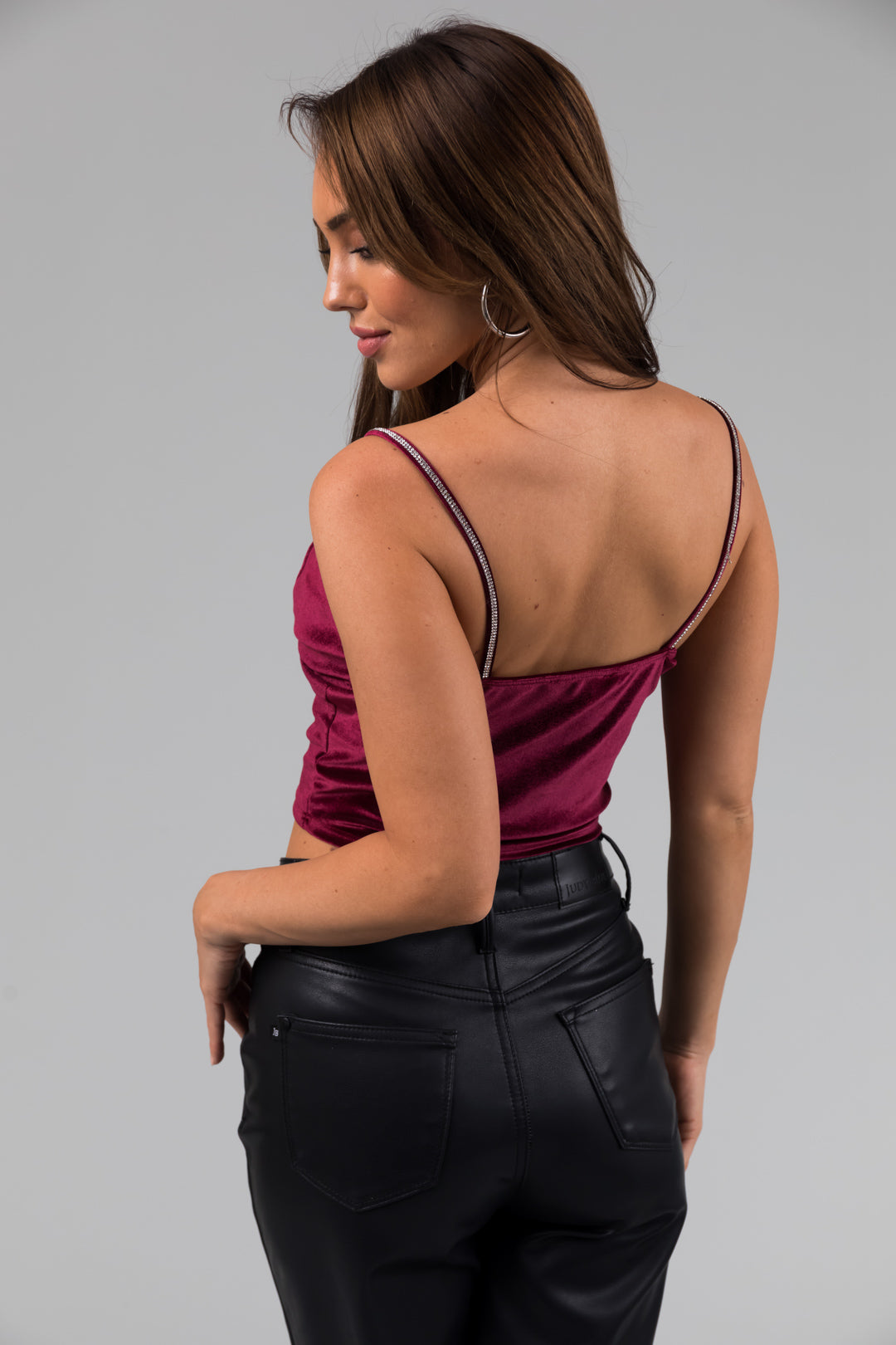Wine Rhinestone Strap Velvet Bustier Crop Top-Newayad