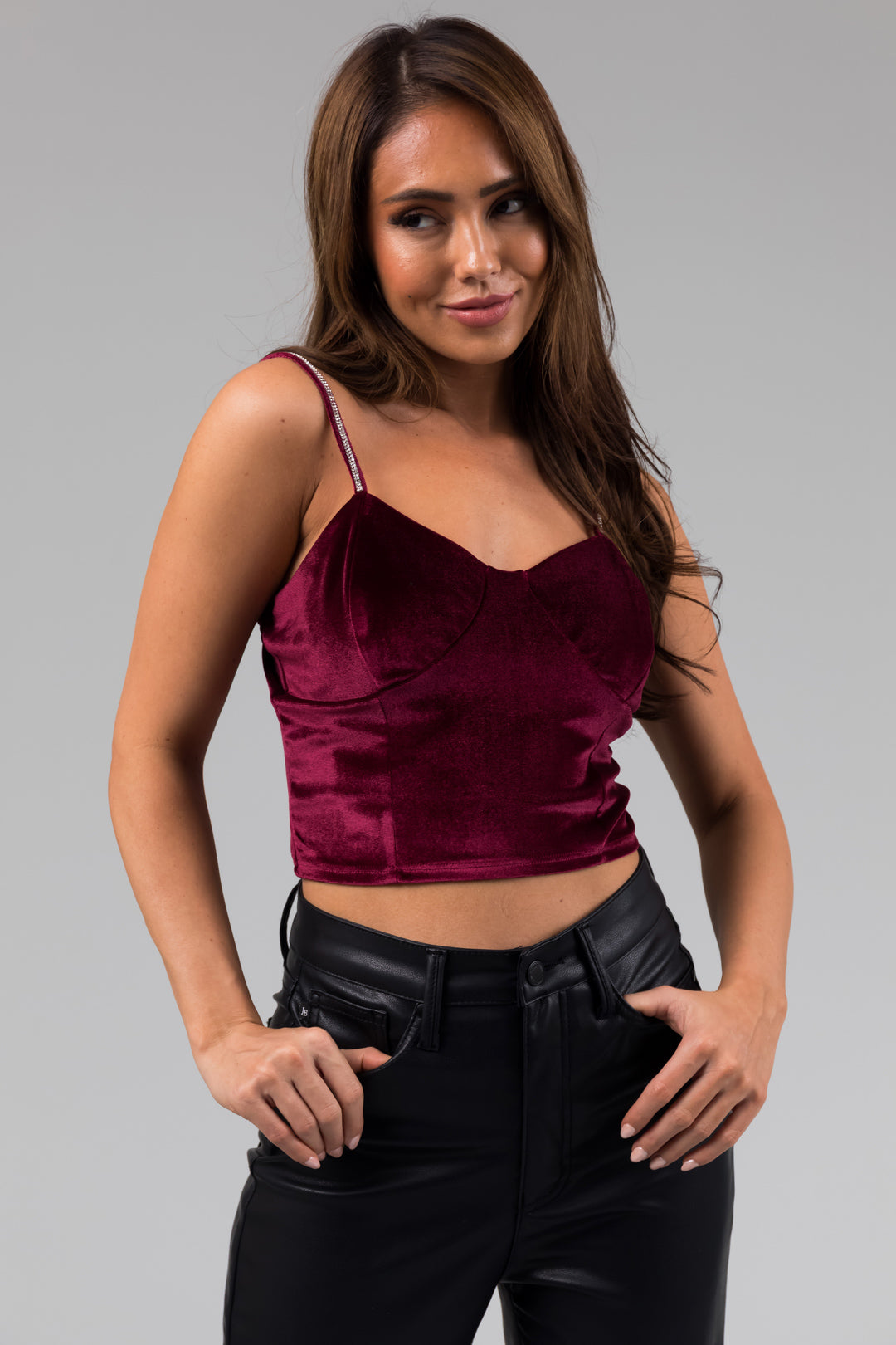 Wine Rhinestone Strap Velvet Bustier Crop Top-Newayad
