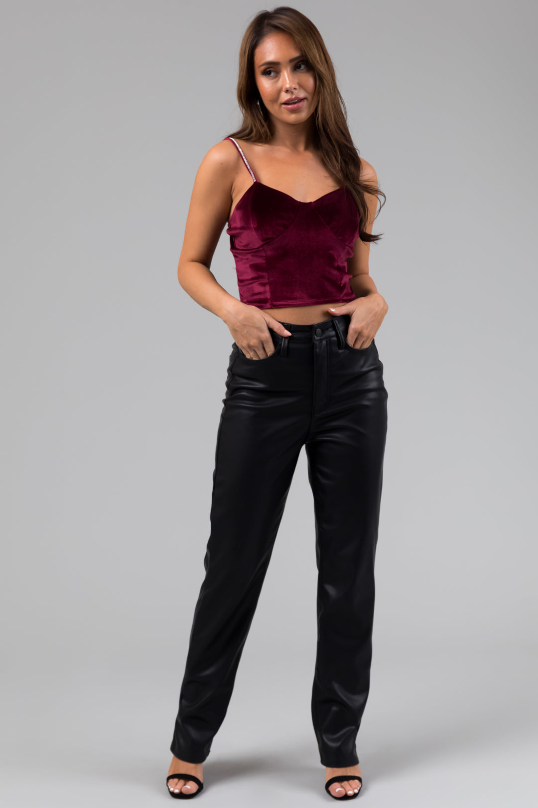 Wine Rhinestone Strap Velvet Bustier Crop Top-Newayad