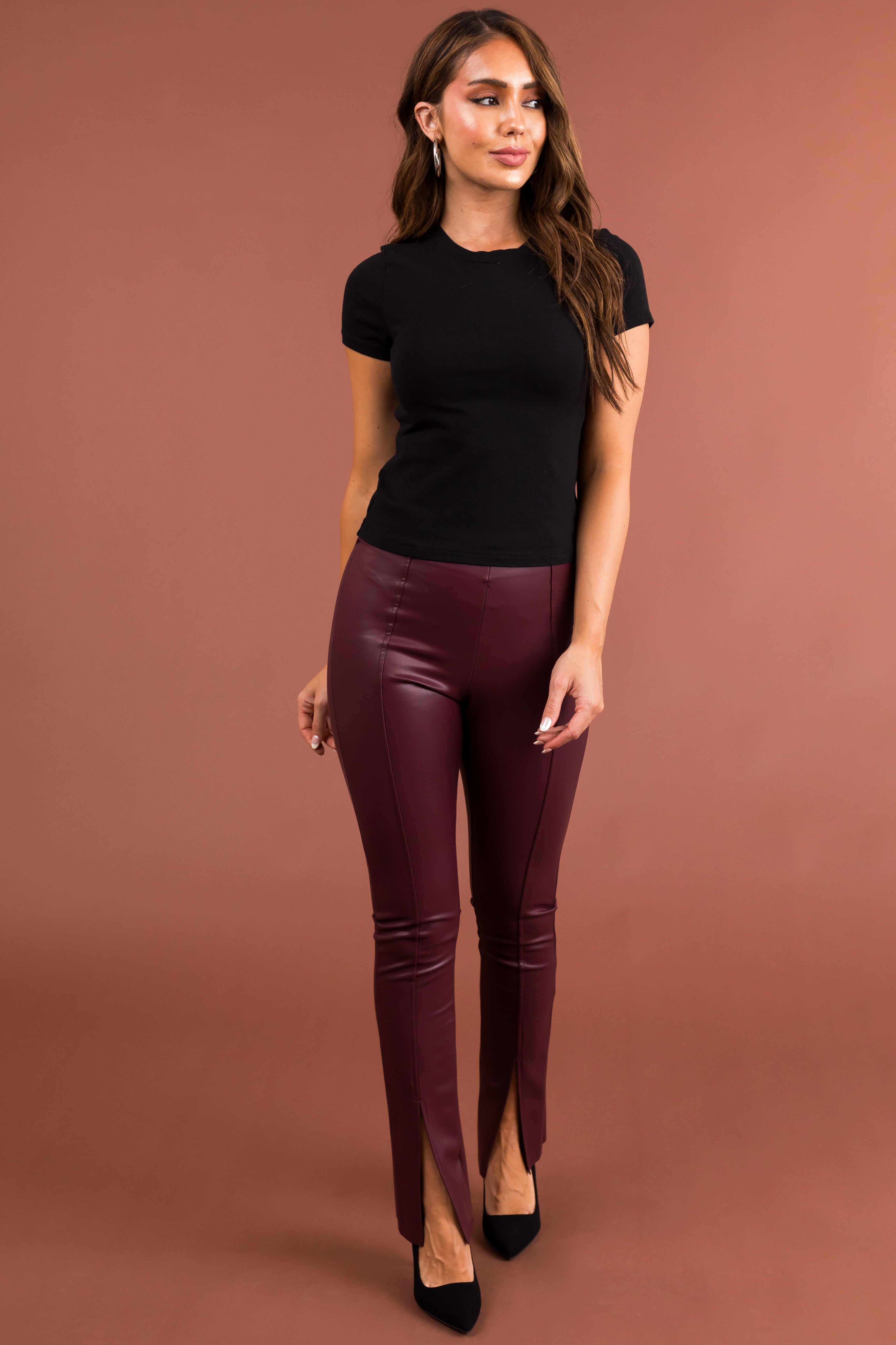 Wine Slit Hem Faux Leather Leggings-Newayad