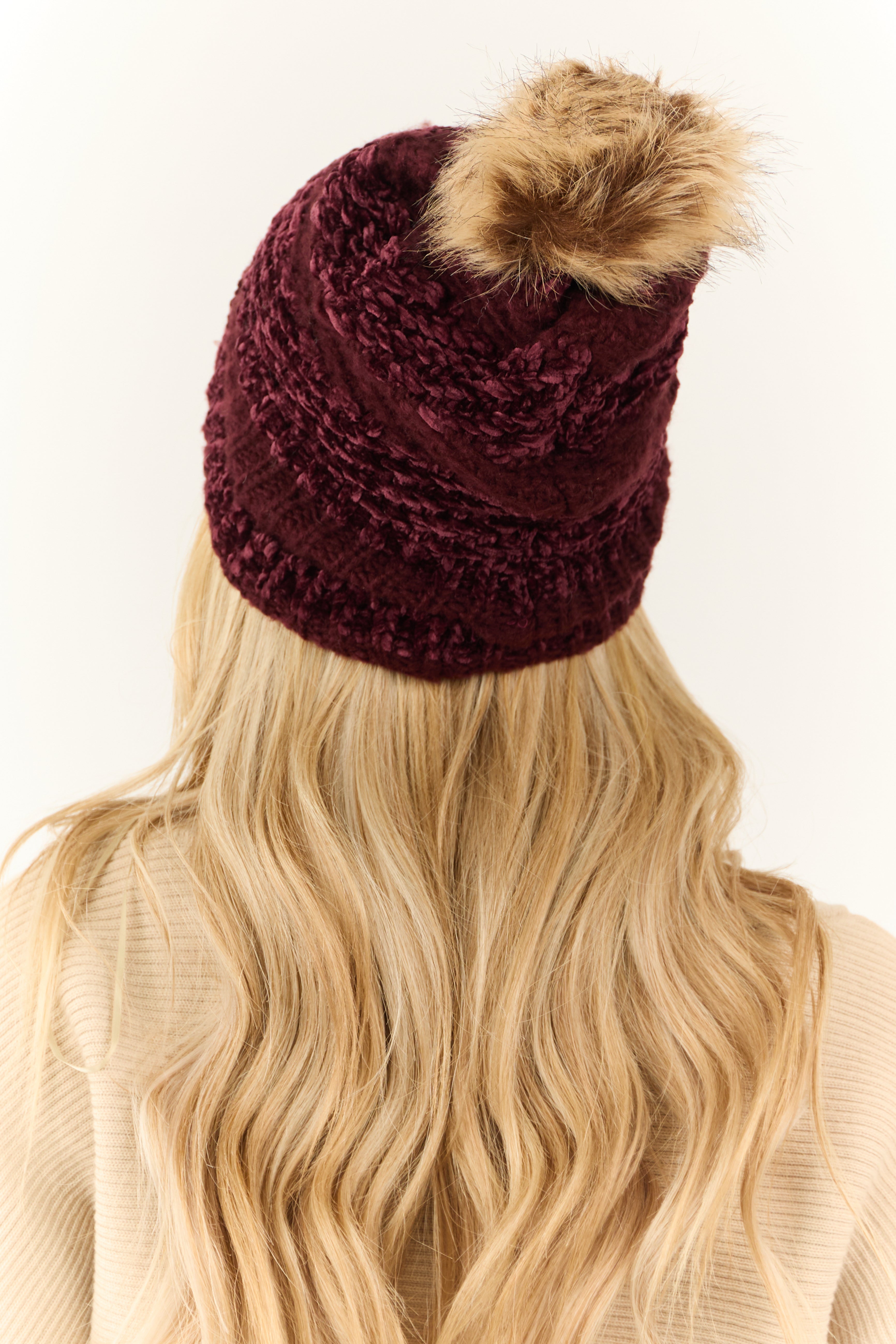 Wine Striped Chenille Knit Pom Pom Beanie-Newayad
