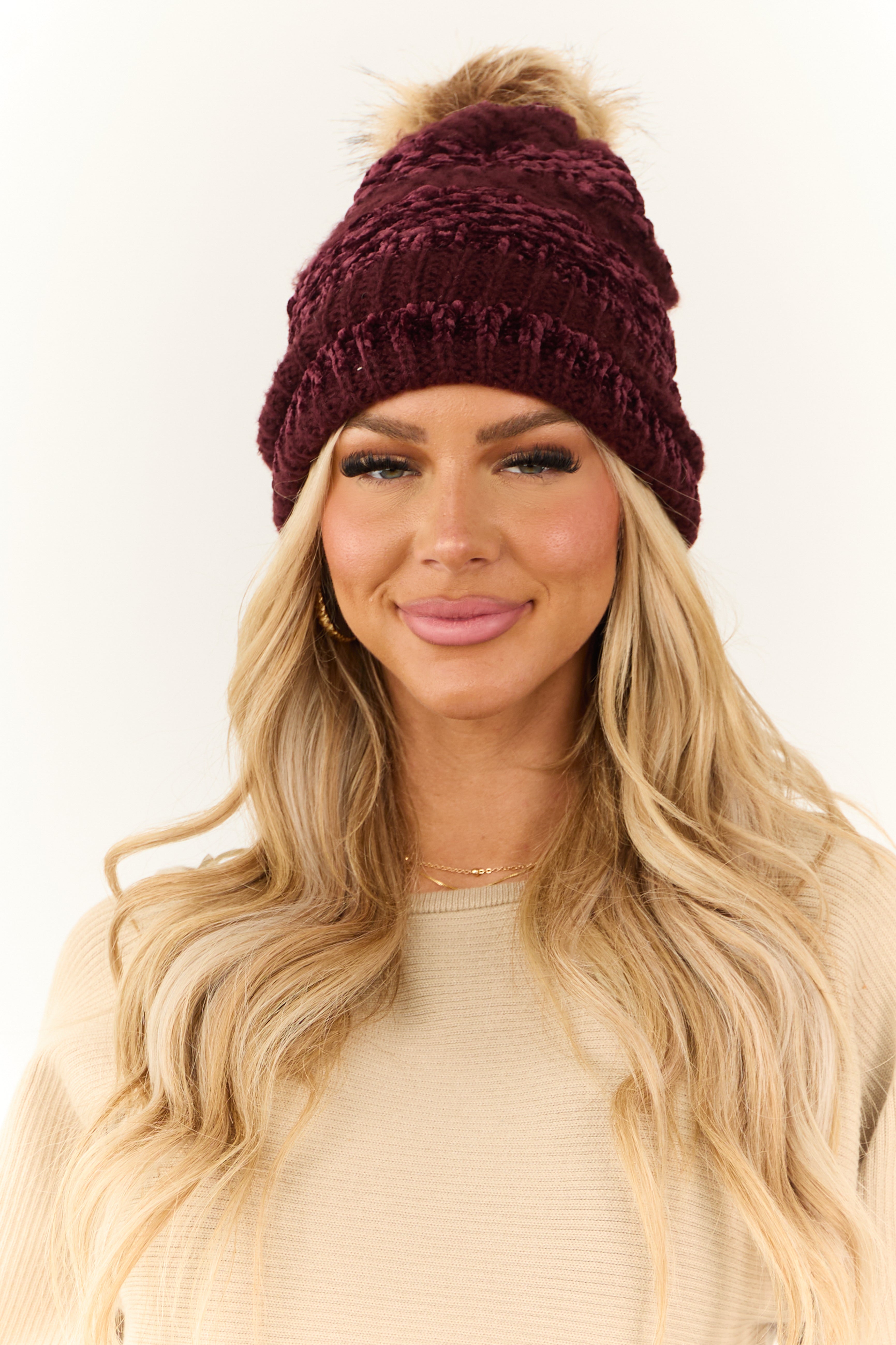 Wine Striped Chenille Knit Pom Pom Beanie-Newayad