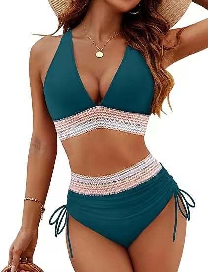 2025 High Waisted Tummy Control Color Block Bikini Sets