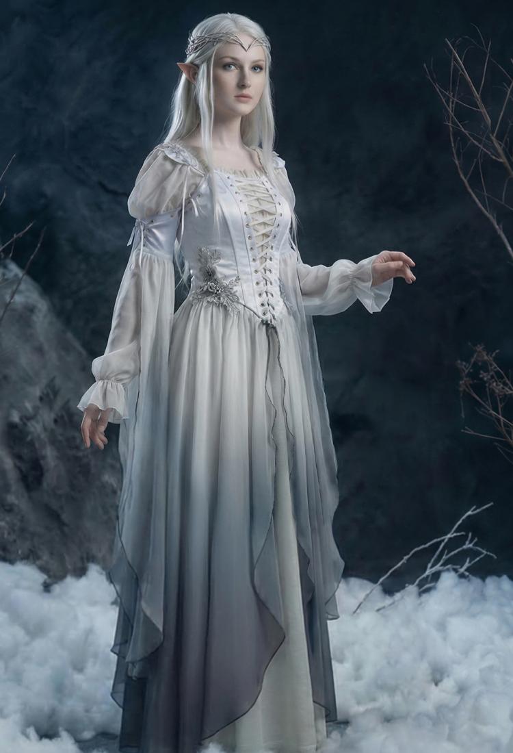 Medieval Renaissance Clothing Elf Style White Grey Gradient Dress with Sleeves Cosplay Costume