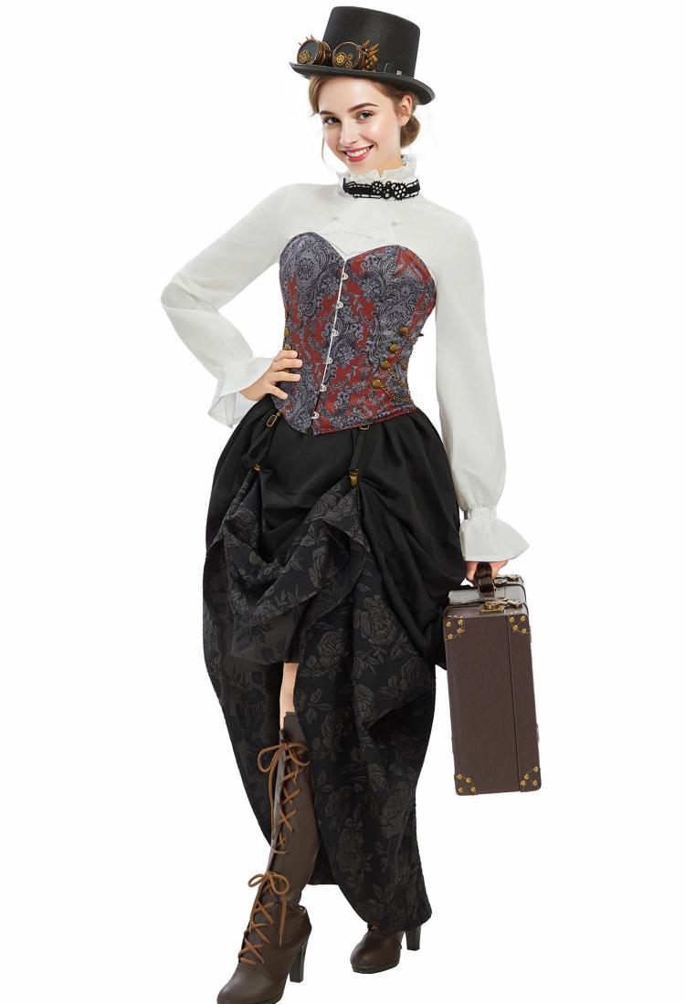 Medieval Steampunk Outfit Vintage Victorian Blouse Skirt with Corset and Tie