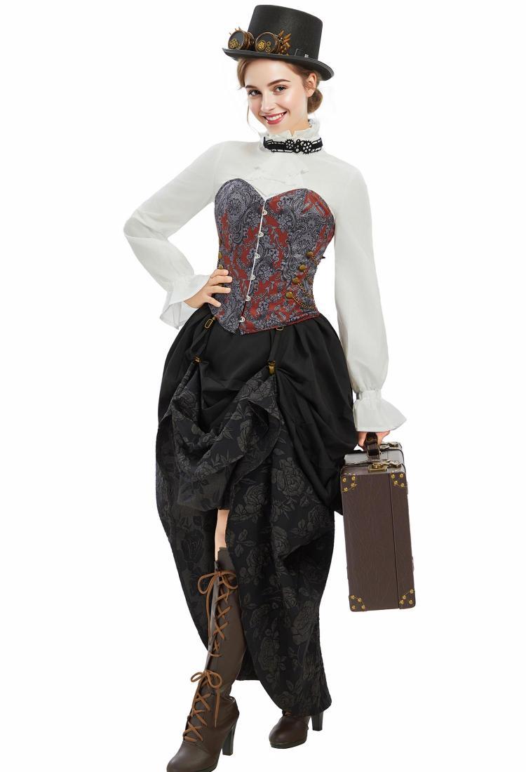Medieval Steampunk Outfit Vintage Victorian Blouse Skirt with Corset and Tie