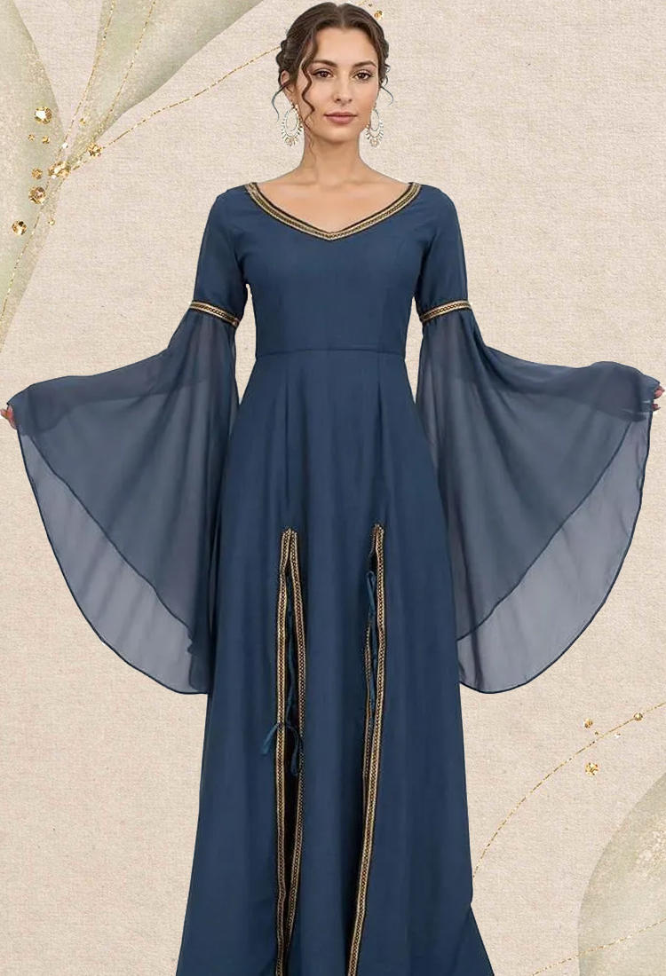 Medieval Style Dress Deep V Wide Sleeve Long Side Slit Dress