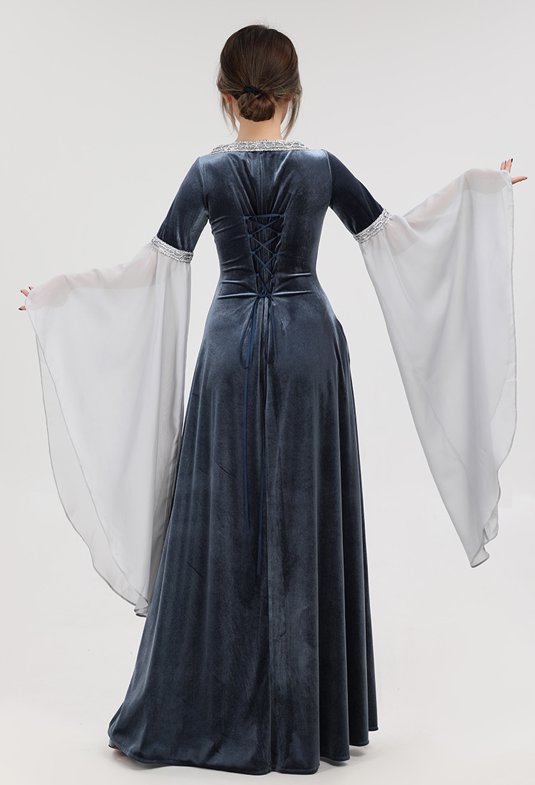 Renaissance Medieval Dress Handmade Vintage Forest Fairy Elf Velvet Back Lace-up Wine Red Evening Dress Cosplay Costume