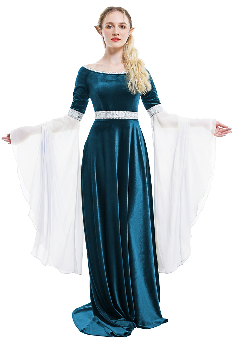 Medieval Fantasy Dress Grey Retro Costume Forest Fairy Elf Velvet Gown