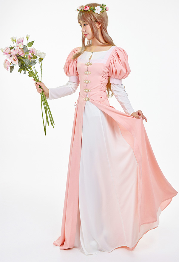 Medieval Renaissance Costume Vintage Retro Blue Green Puff Sleeves Fake Two Piece Dress