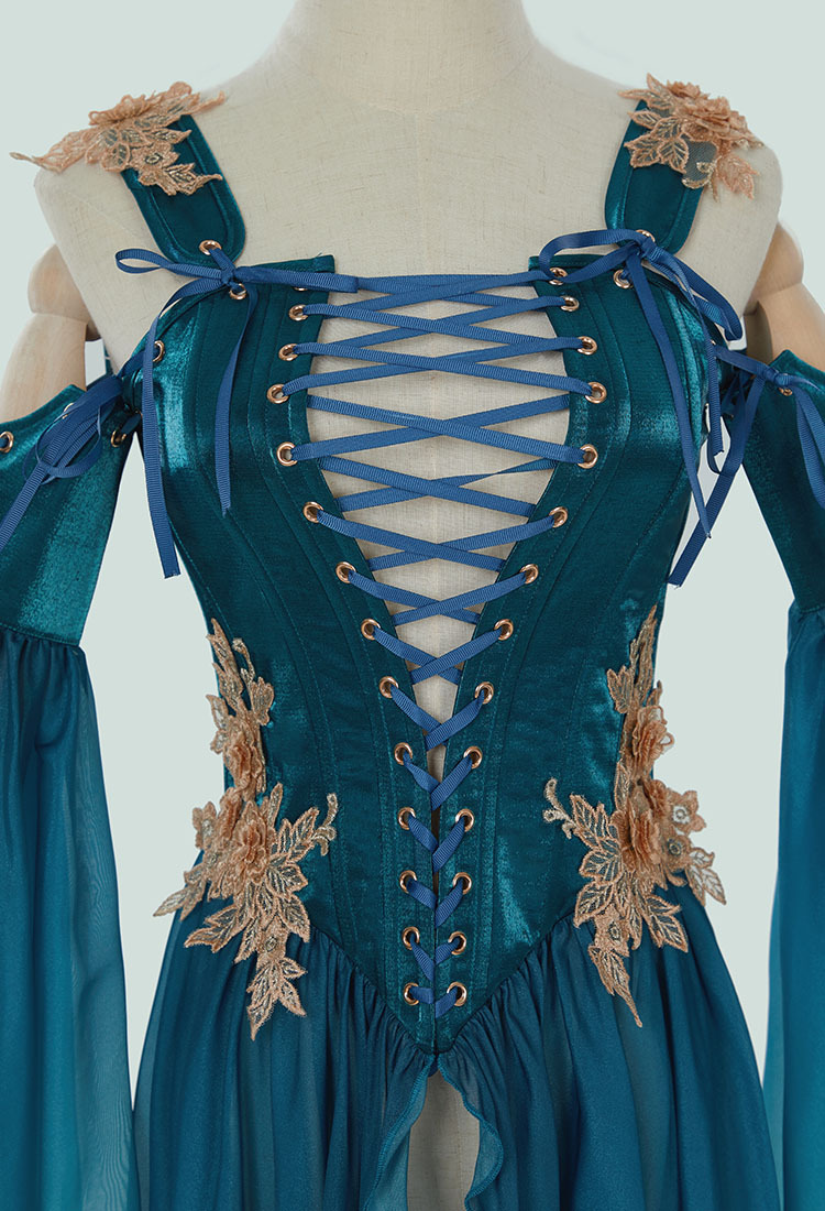 Medieval Renaissance Costume Elf Style Green Dress with Sleeves Cosplay Costume