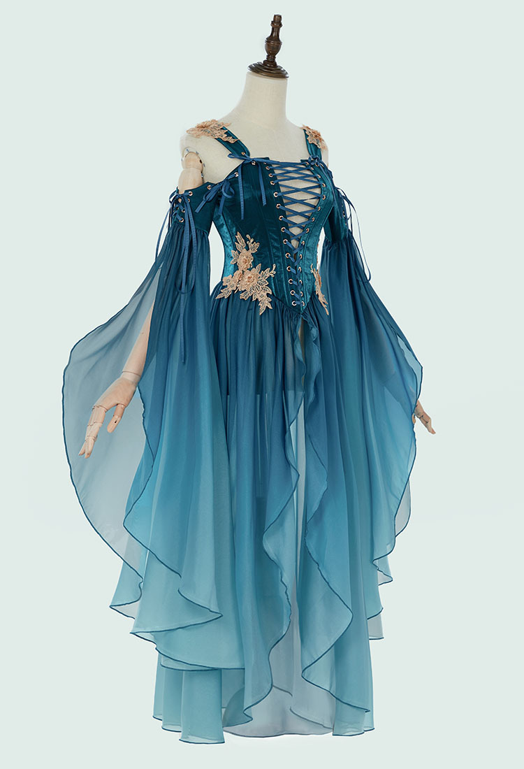 Medieval Renaissance Costume Elf Style Green Dress with Sleeves Cosplay Costume