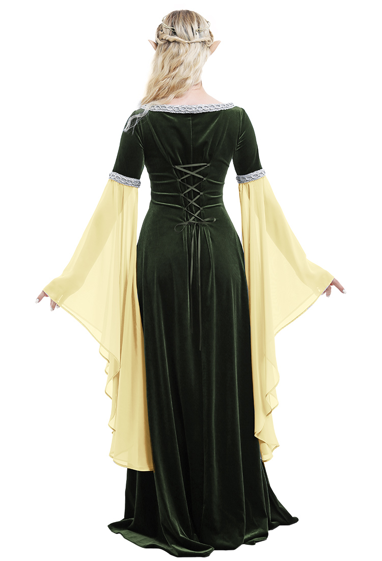 Renaissance Medieval Dress Handmade Vintage Forest Fairy Elf Velvet Back Lace-up Wine Red Evening Dress Cosplay Costume