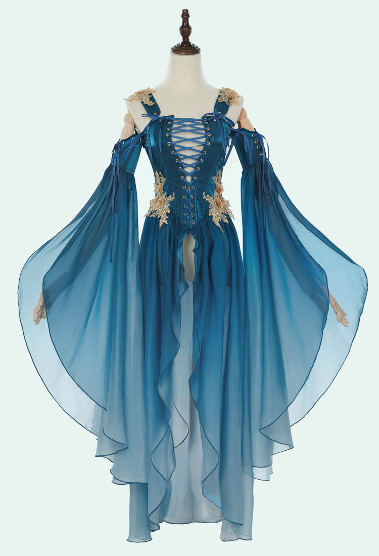 Medieval Renaissance Costume Elf Style Green Dress with Sleeves Cosplay Costume