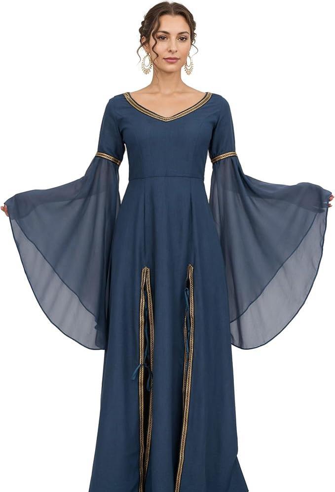 Medieval Style Dress Deep V Wide Sleeve Long Side Slit Dress