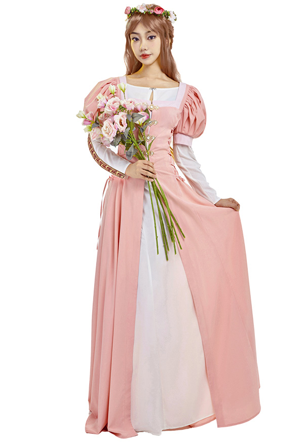 Medieval Renaissance Costume Vintage Retro Blue Green Puff Sleeves Fake Two Piece Dress